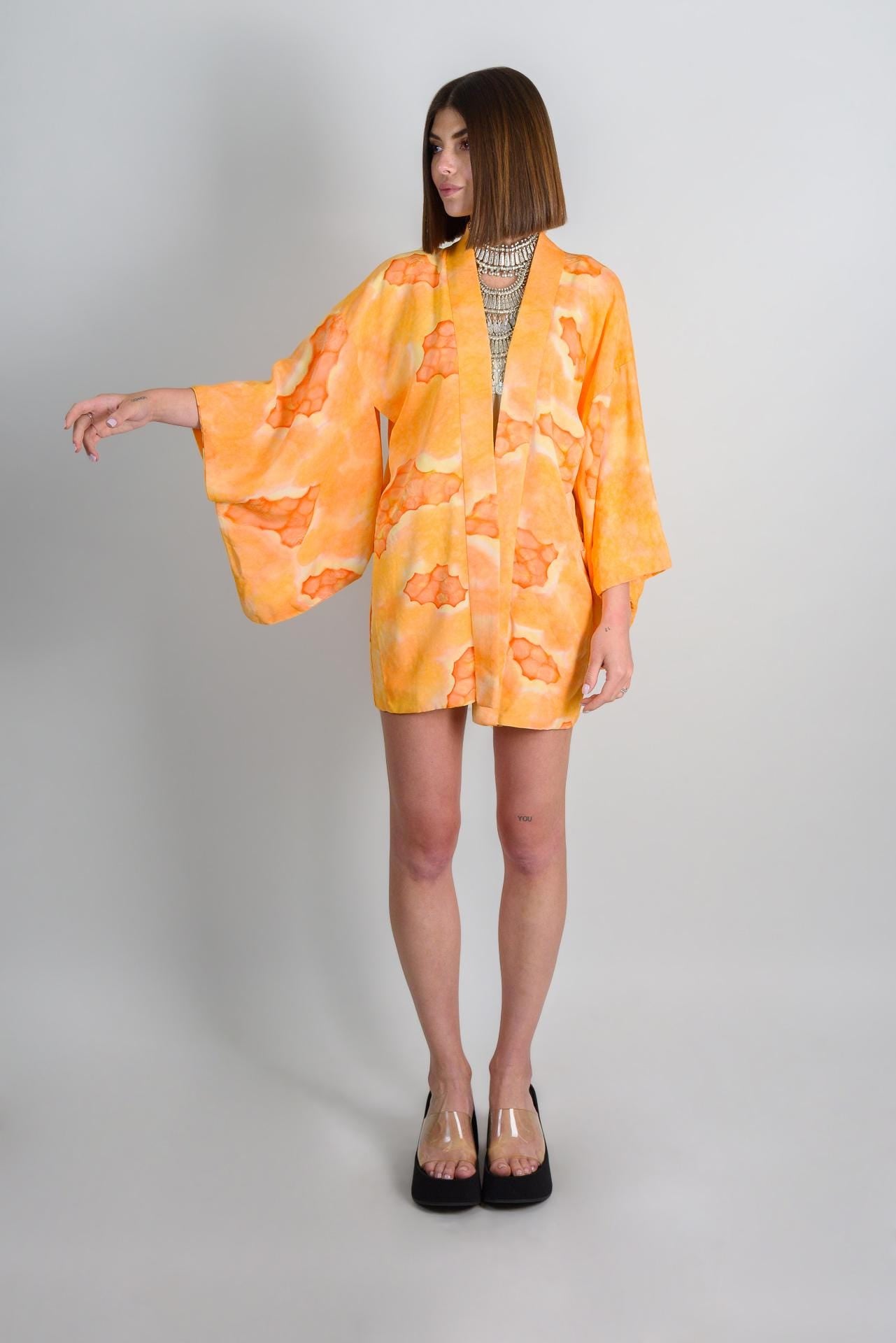 Handmade Silk Haori Kimono: Japanese Robe, Orange Citrus Print