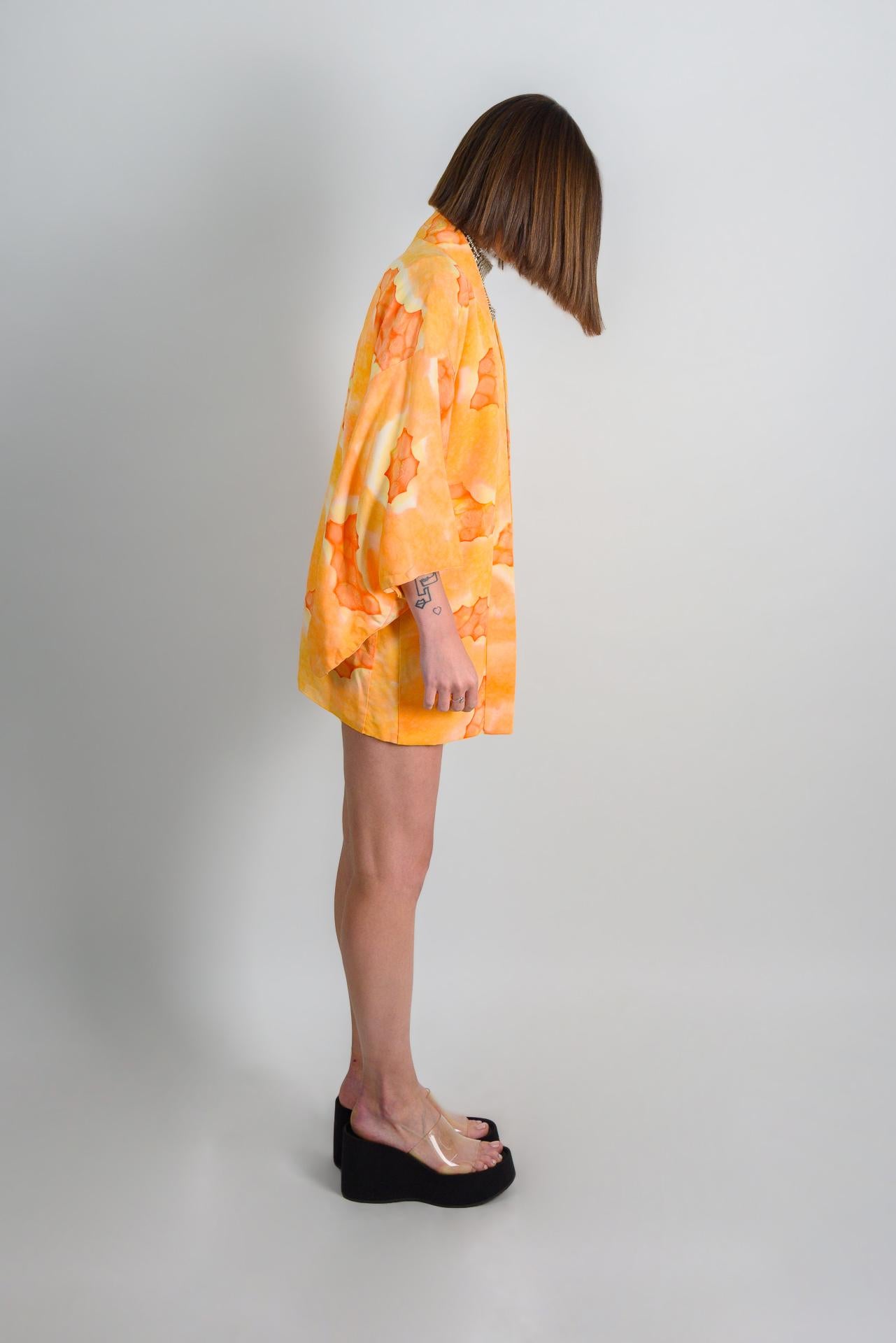 Handmade Silk Haori Kimono: Japanese Robe, Orange Citrus Print