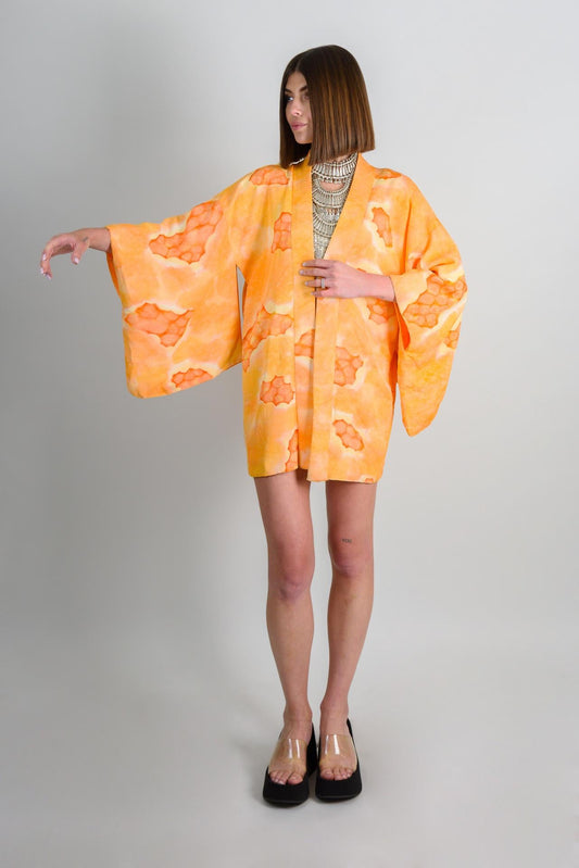 Handmade Silk Haori Kimono: Japanese Robe, Orange Citrus Print