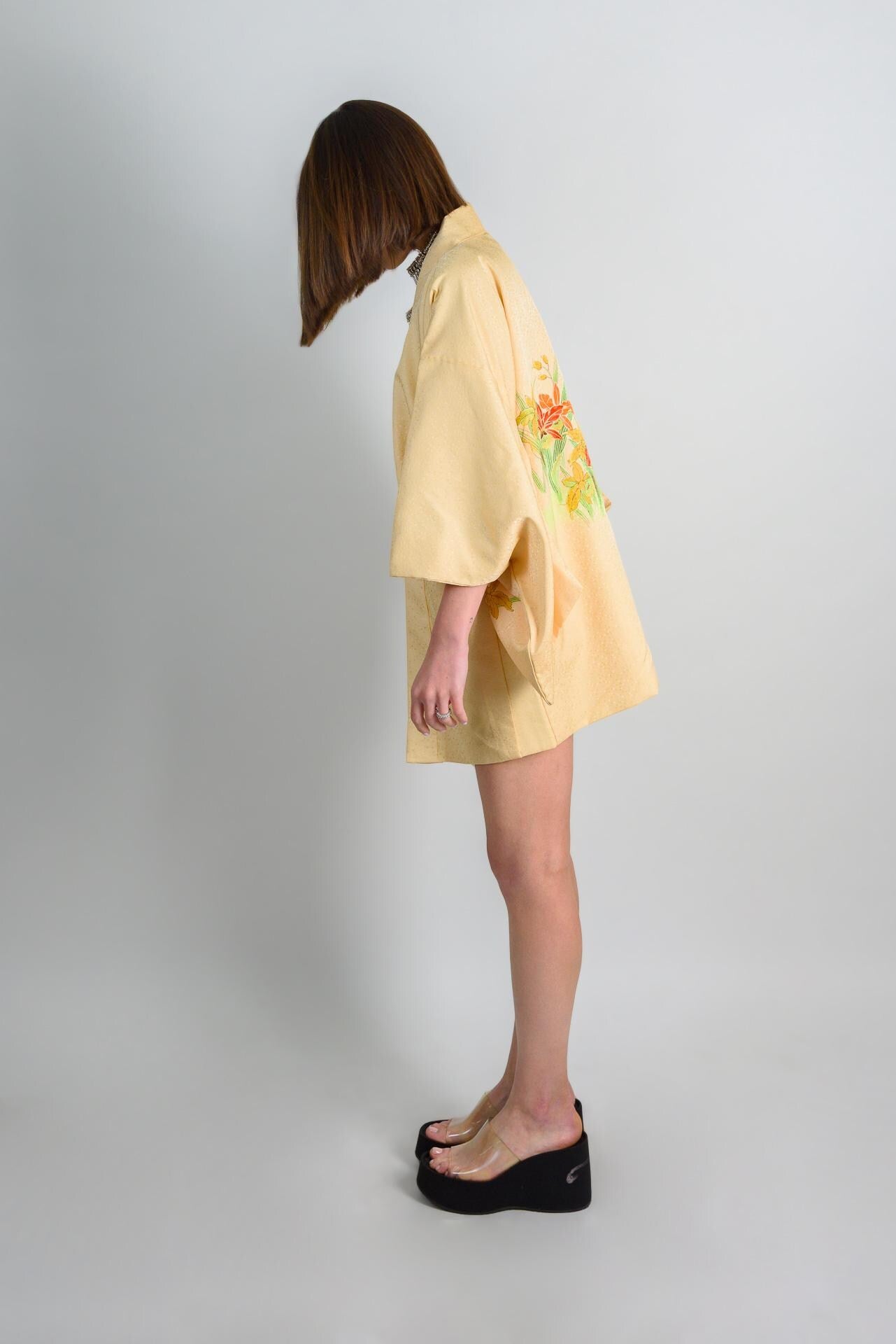 Vintage Silk Haori: Japanese Kimono Robe, Hand-Painted Lilies