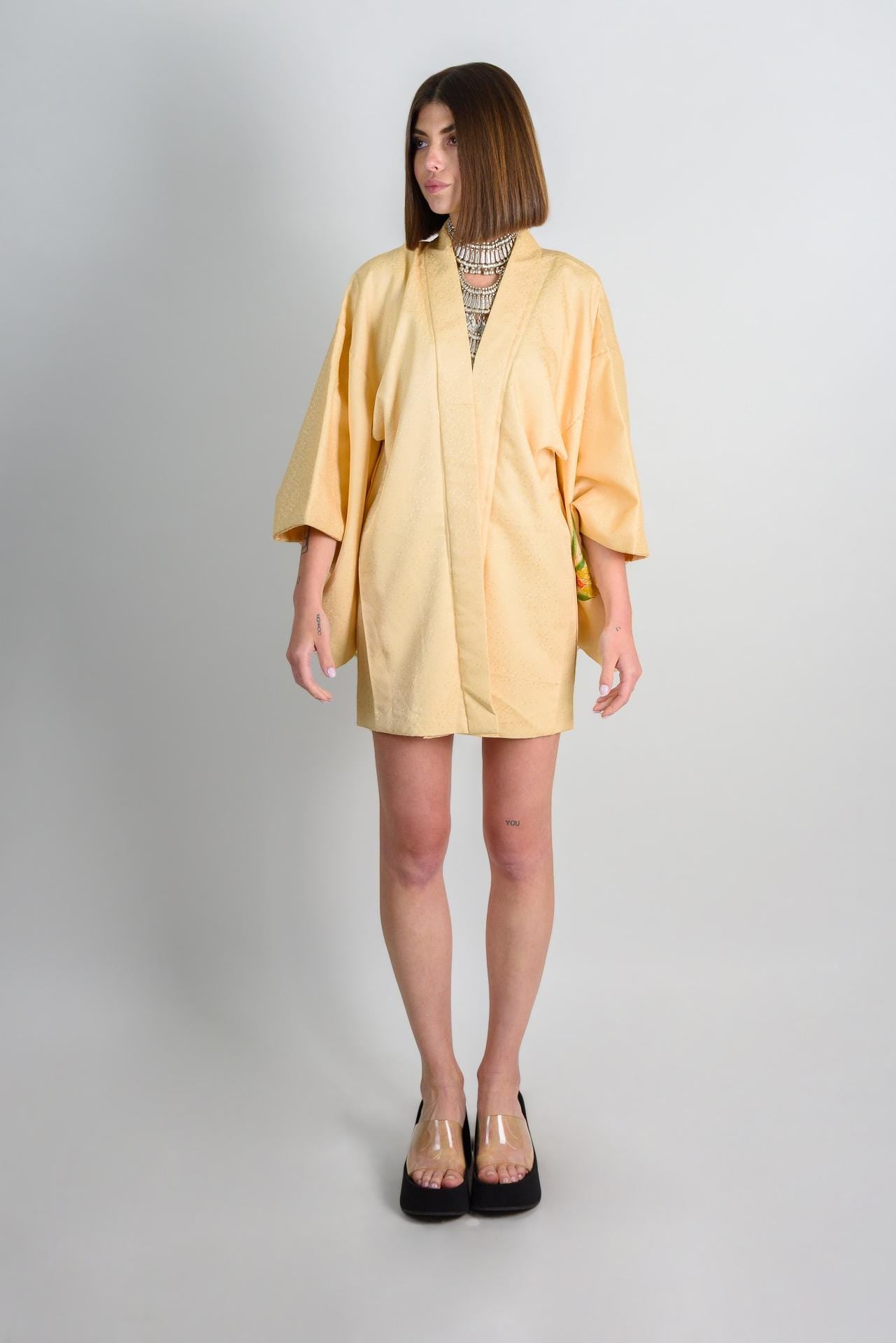 Vintage Silk Haori: Japanese Kimono Robe, Hand-Painted Lilies