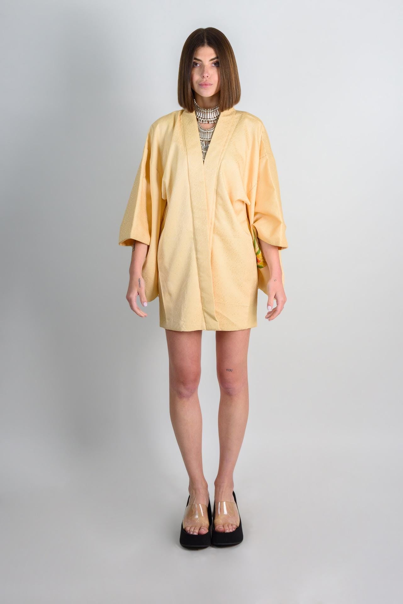 Vintage Silk Haori: Japanese Kimono Robe, Hand-Painted Lilies