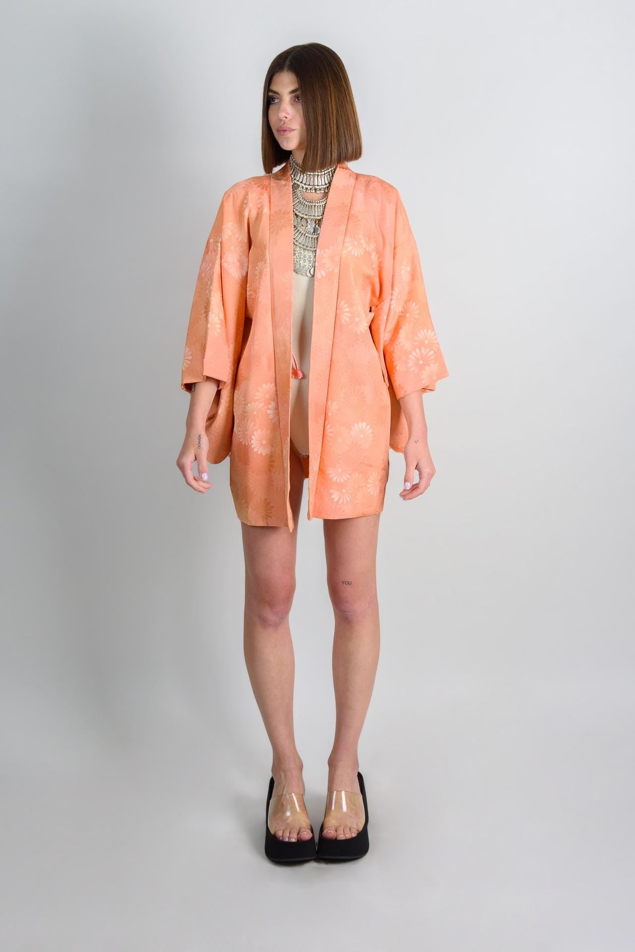 Peach Silk Haori Kimono: Japanese Floral Jacket