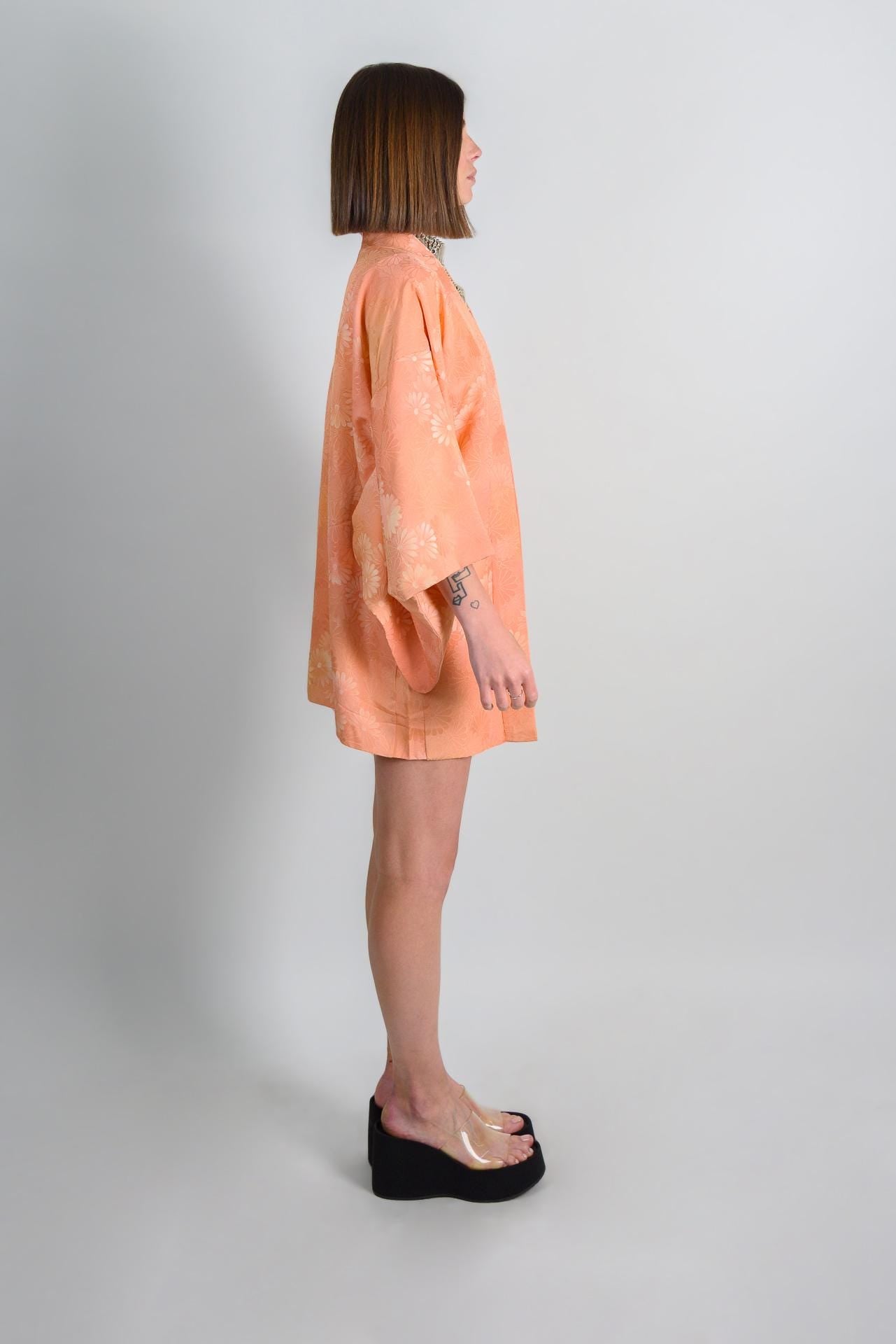 Peach Silk Haori Kimono: Japanese Floral Jacket