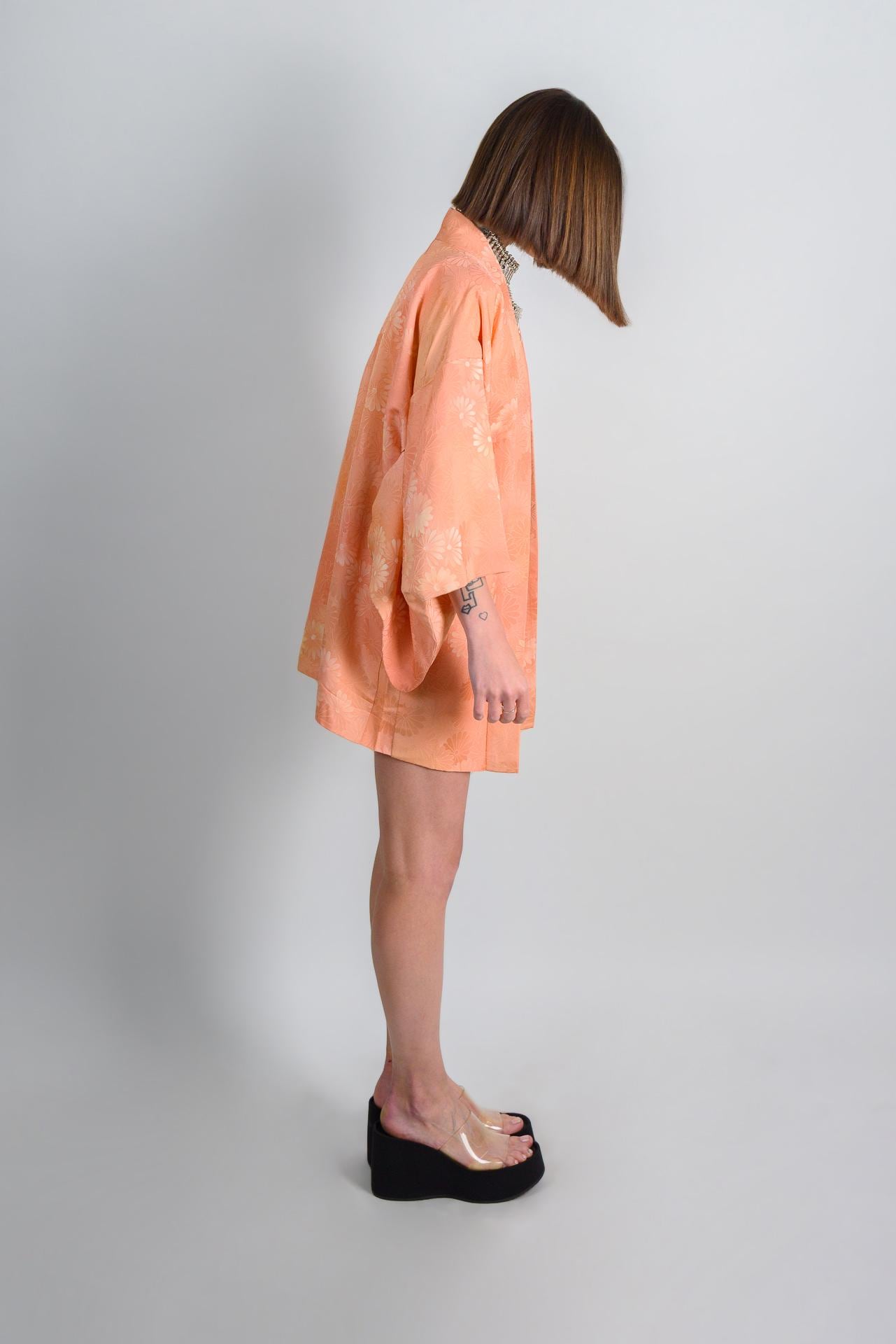 Peach Silk Haori Kimono: Japanese Floral Jacket