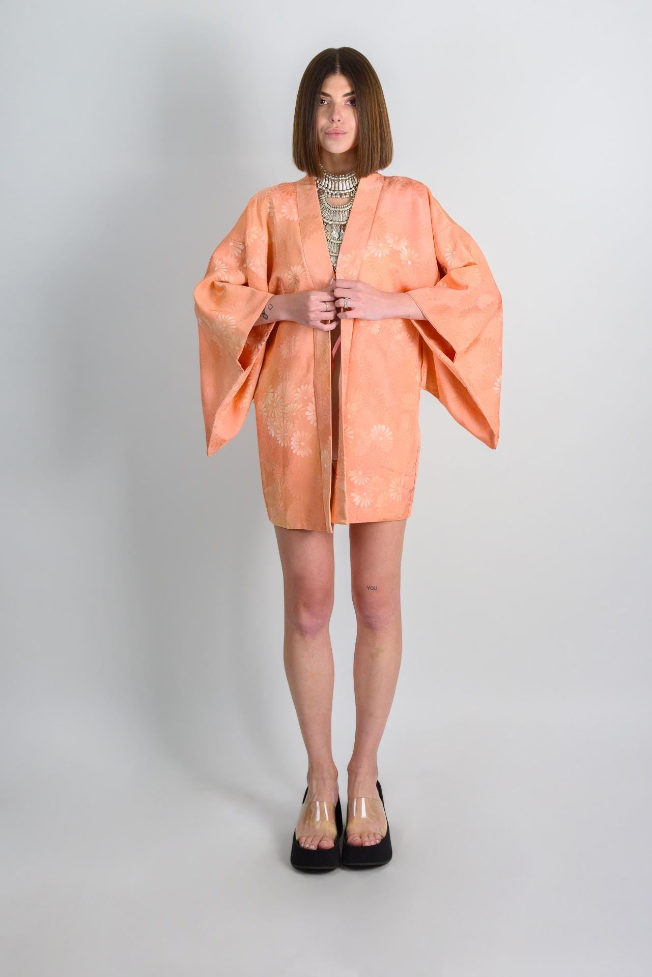 Peach Silk Haori Kimono: Japanese Floral Jacket