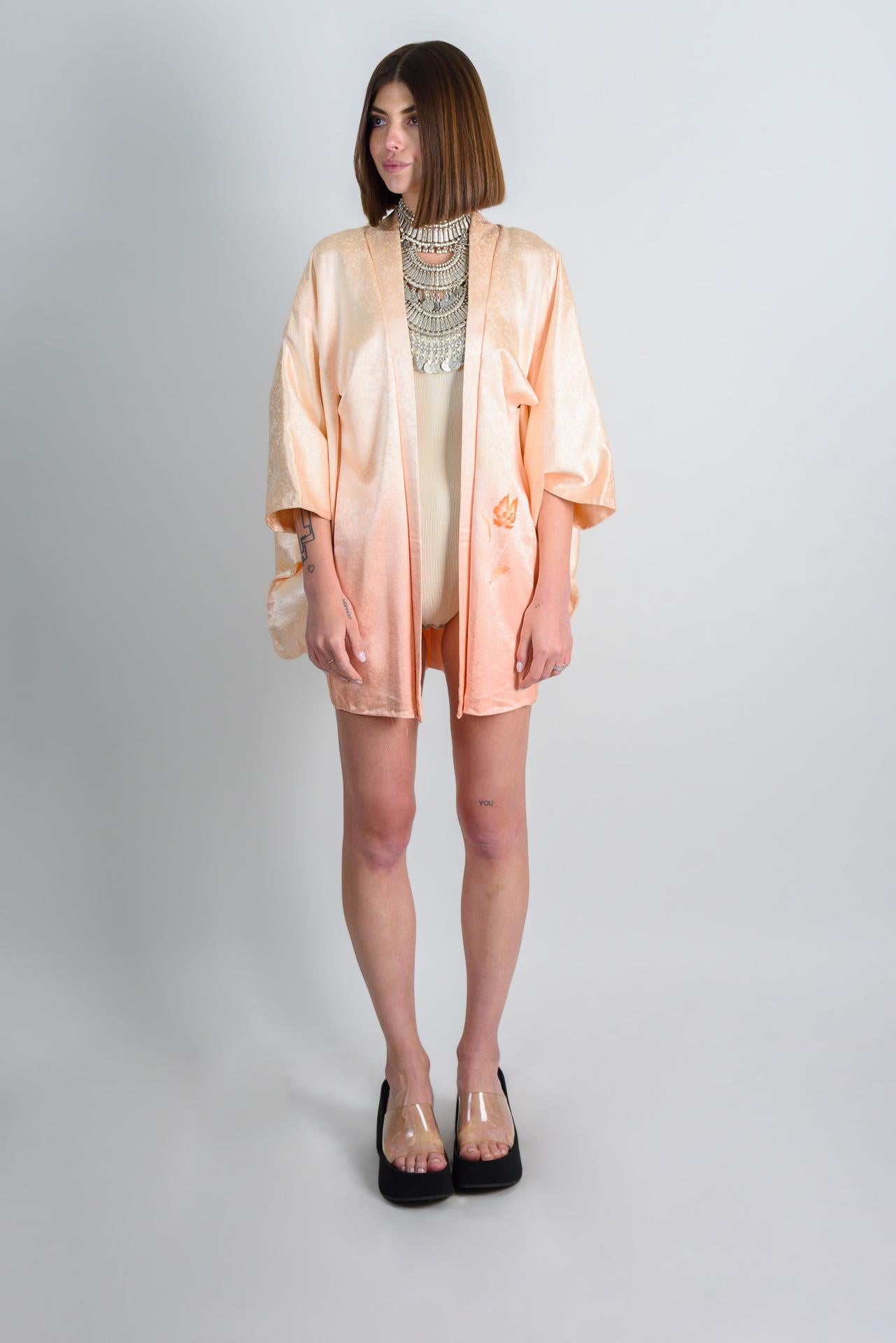 Peach Silk Haori Kimono: Vintage Japanese Robe, Floral Rinzu Pattern