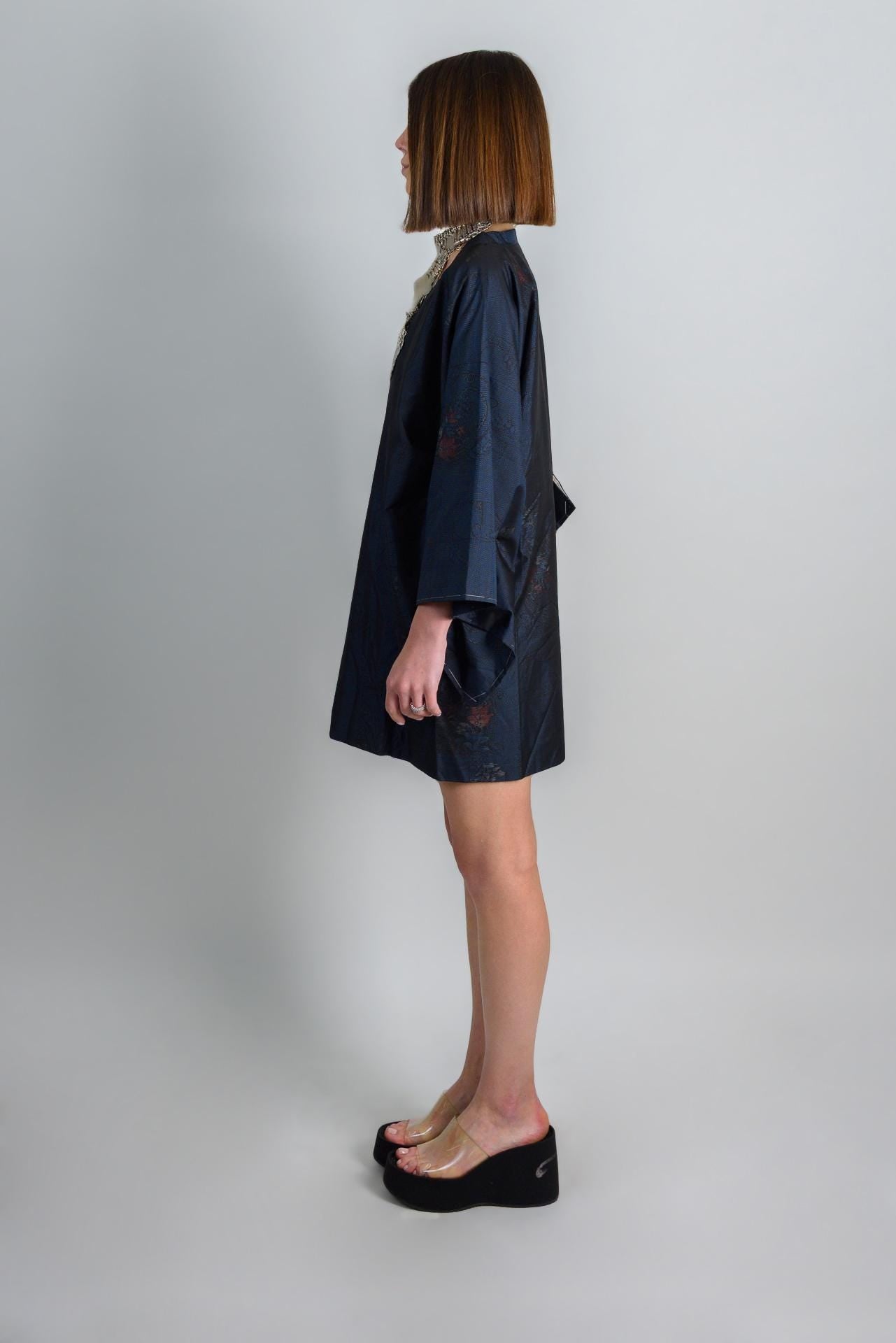 Silk Kimono Robe | Midnight Lotus Dark Boho Haori, Handmade in Japan