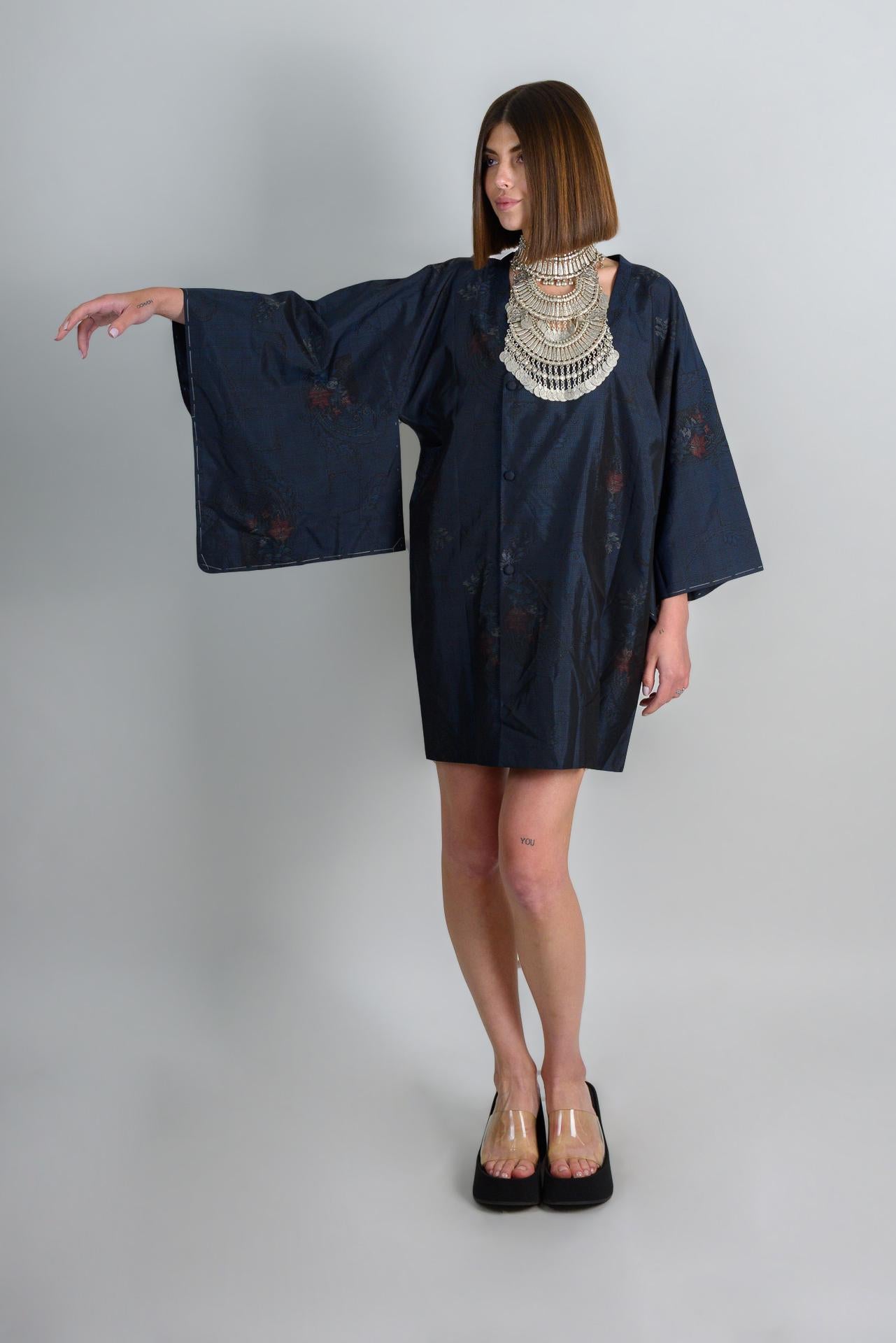Silk Kimono Robe | Midnight Lotus Dark Boho Haori, Handmade in Japan