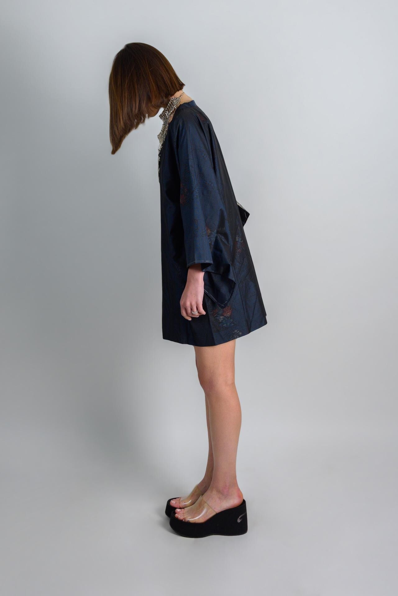 Silk Kimono Robe | Midnight Lotus Dark Boho Haori, Handmade in Japan