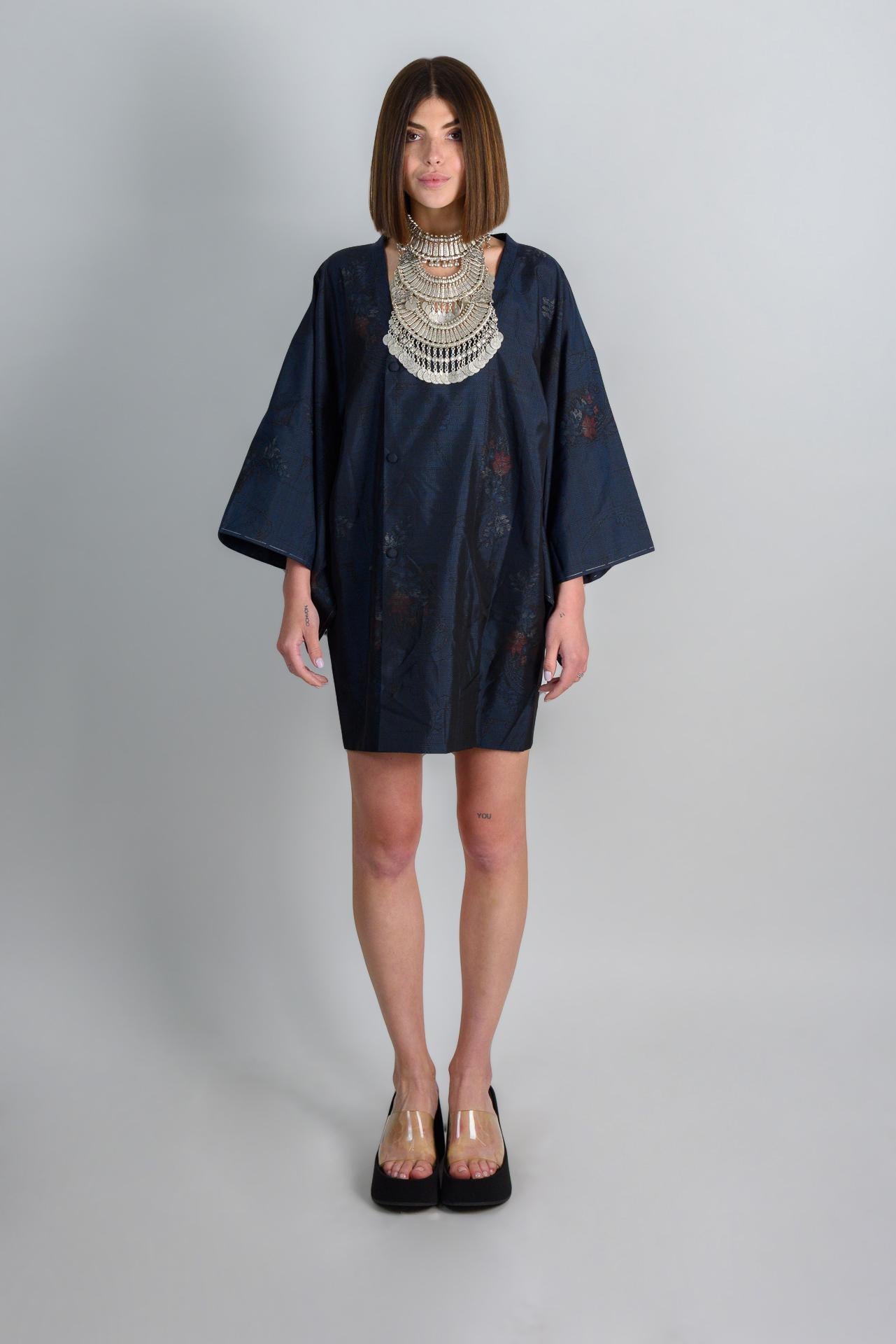 Silk Kimono Robe | Midnight Lotus Dark Boho Haori, Handmade in Japan