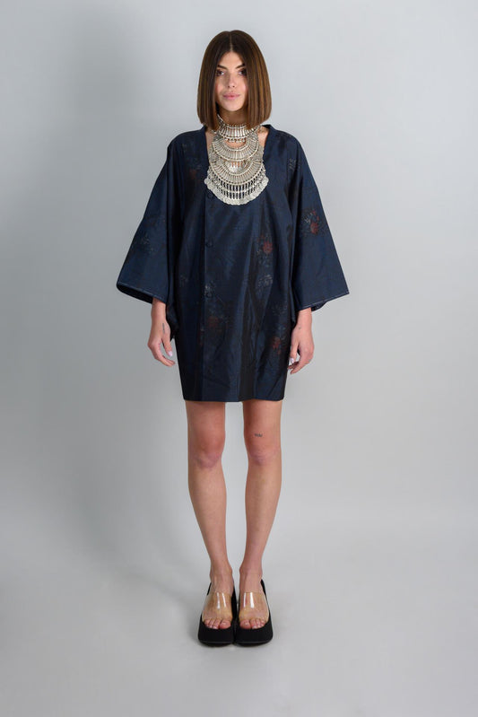 Silk Kimono Robe | Midnight Lotus Dark Boho Haori, Handmade in Japan