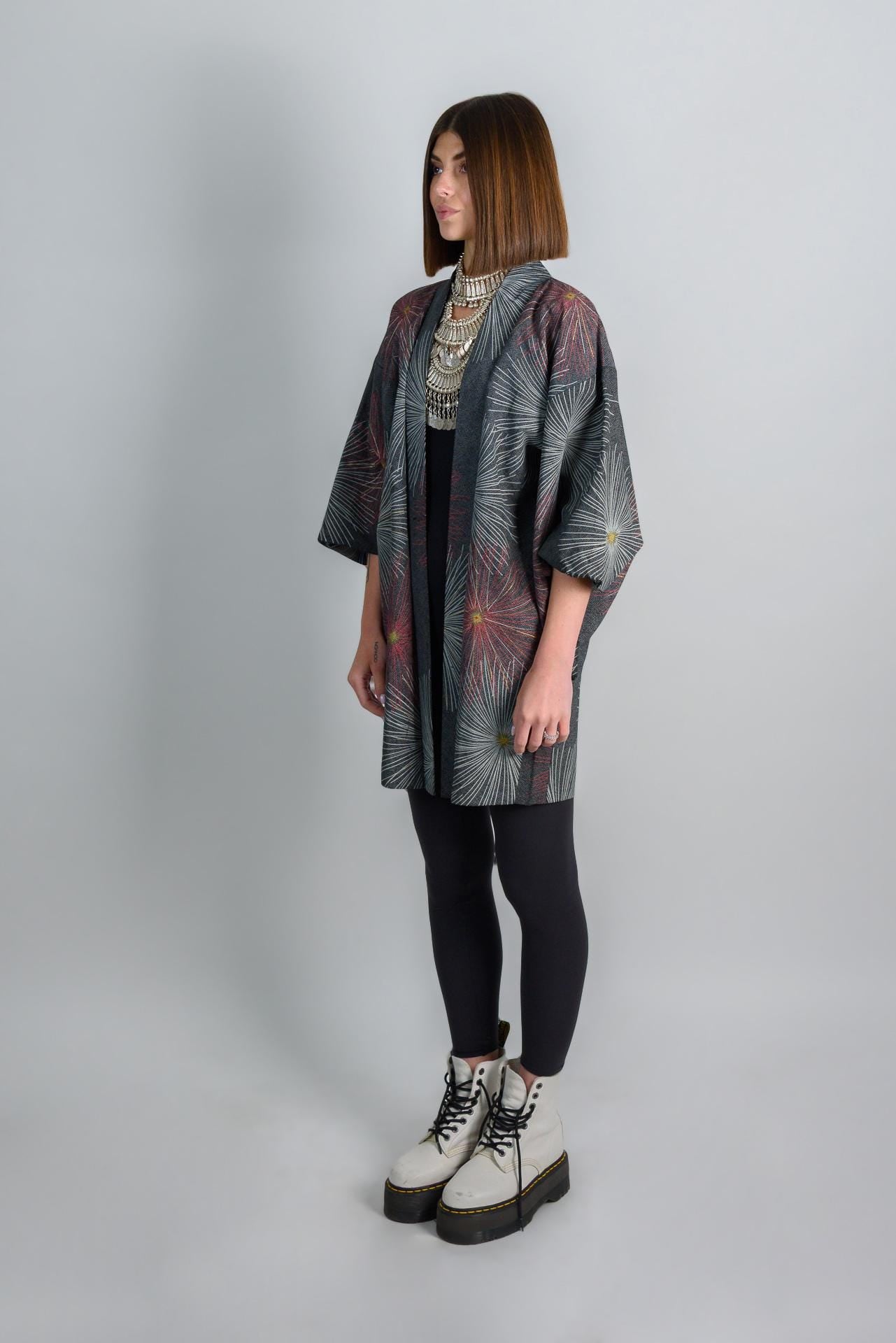 Silk Kimono Haori: Japanese Firework Festival Robe