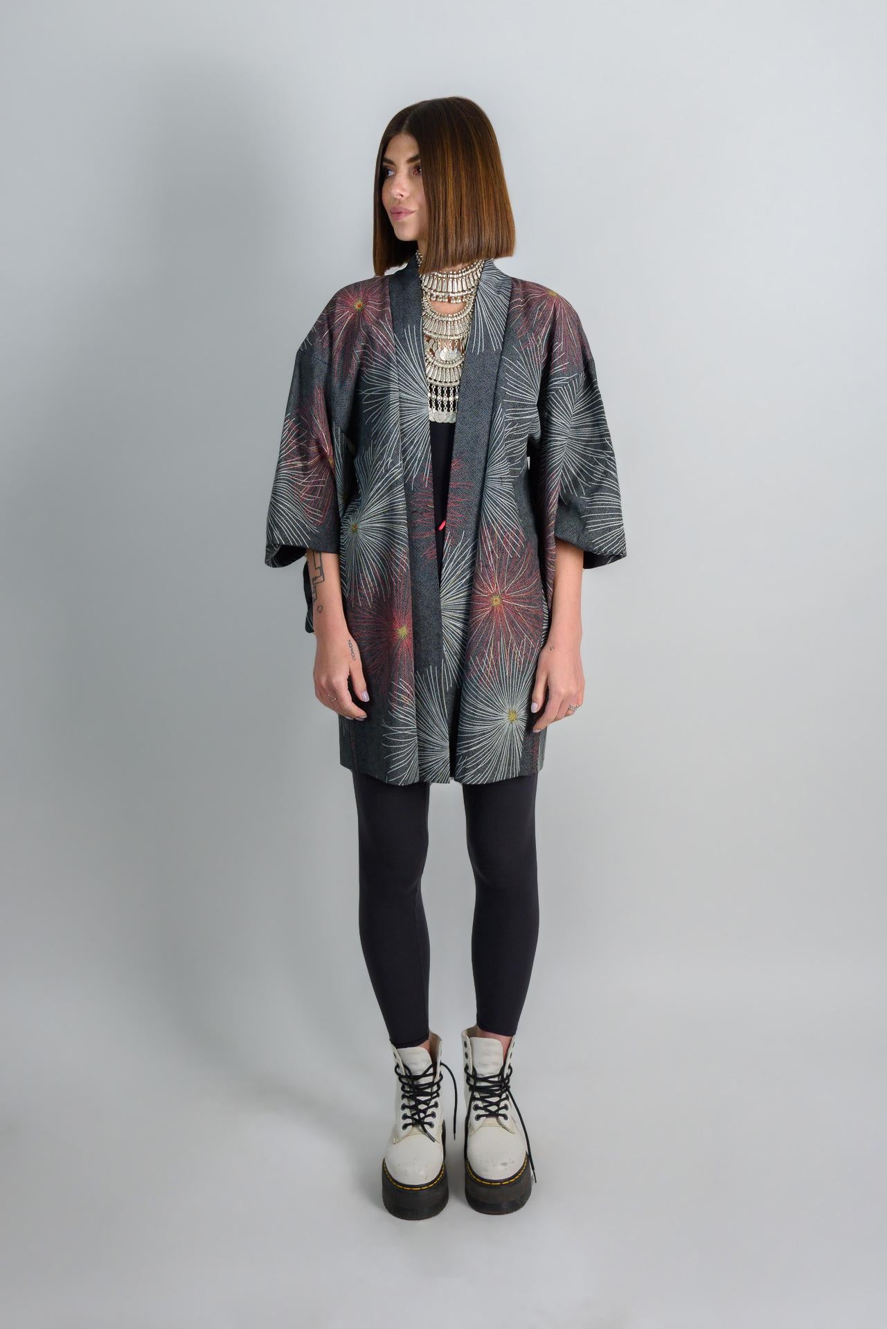 Silk Kimono Haori: Japanese Firework Festival Robe