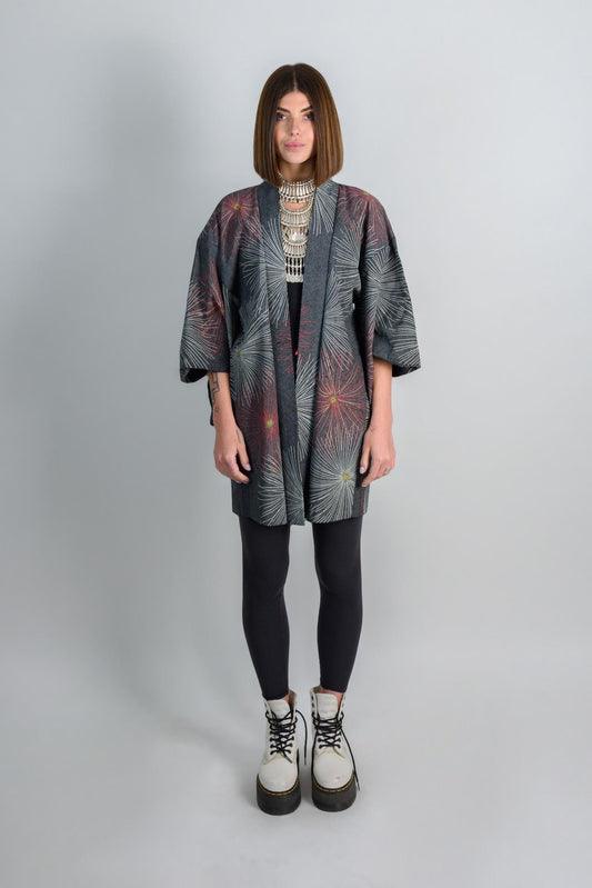 Silk Kimono Haori: Japanese Firework Festival Robe