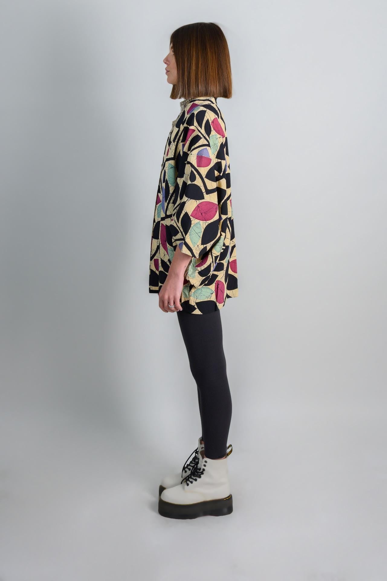 Vintage Silk Haori: Japanese Kimono Jacket, Abstract Leaf Print