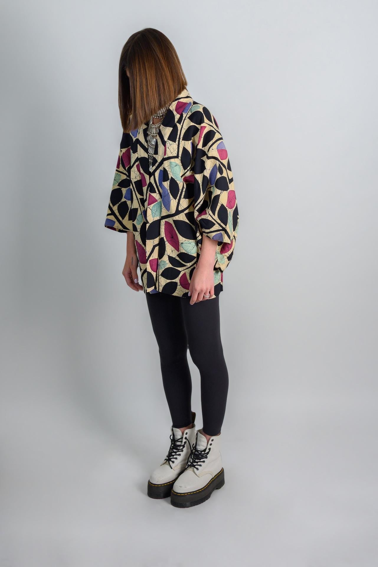 Vintage Silk Haori: Japanese Kimono Jacket, Abstract Leaf Print
