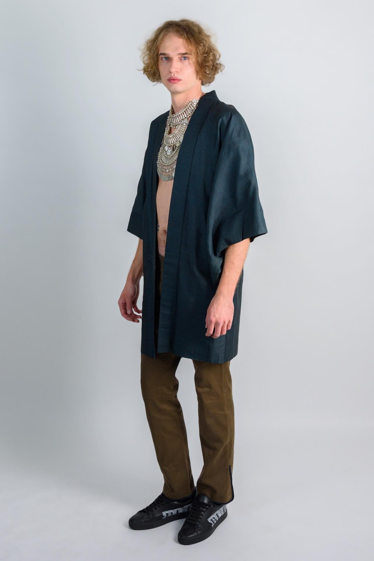 Midnight Grid Kimono (着物 – kimono) – Japanese Men’s Haori in Deep Teal Check