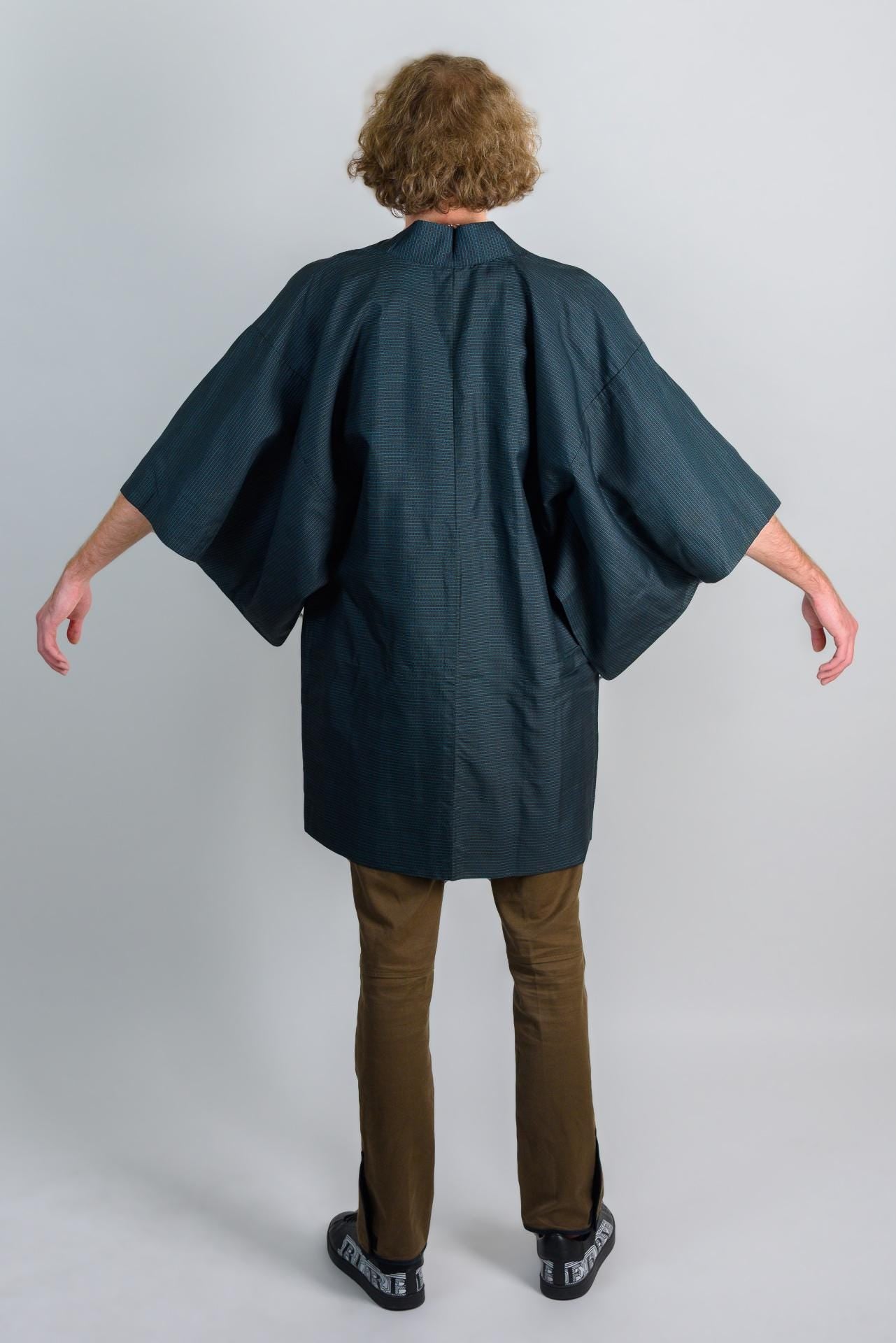 Midnight Grid Kimono (着物 – kimono) – Japanese Men’s Haori in Deep Teal Check
