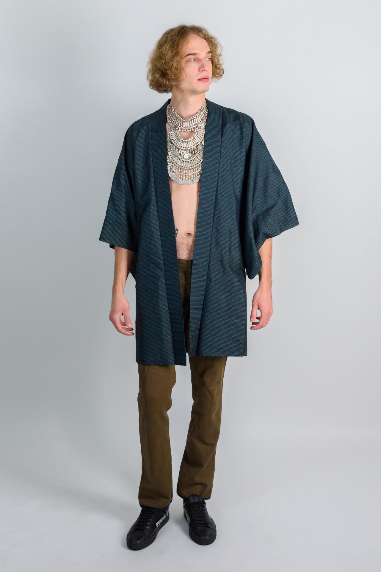 Midnight Grid Kimono (着物 – kimono) – Japanese Men’s Haori in Deep Teal Check