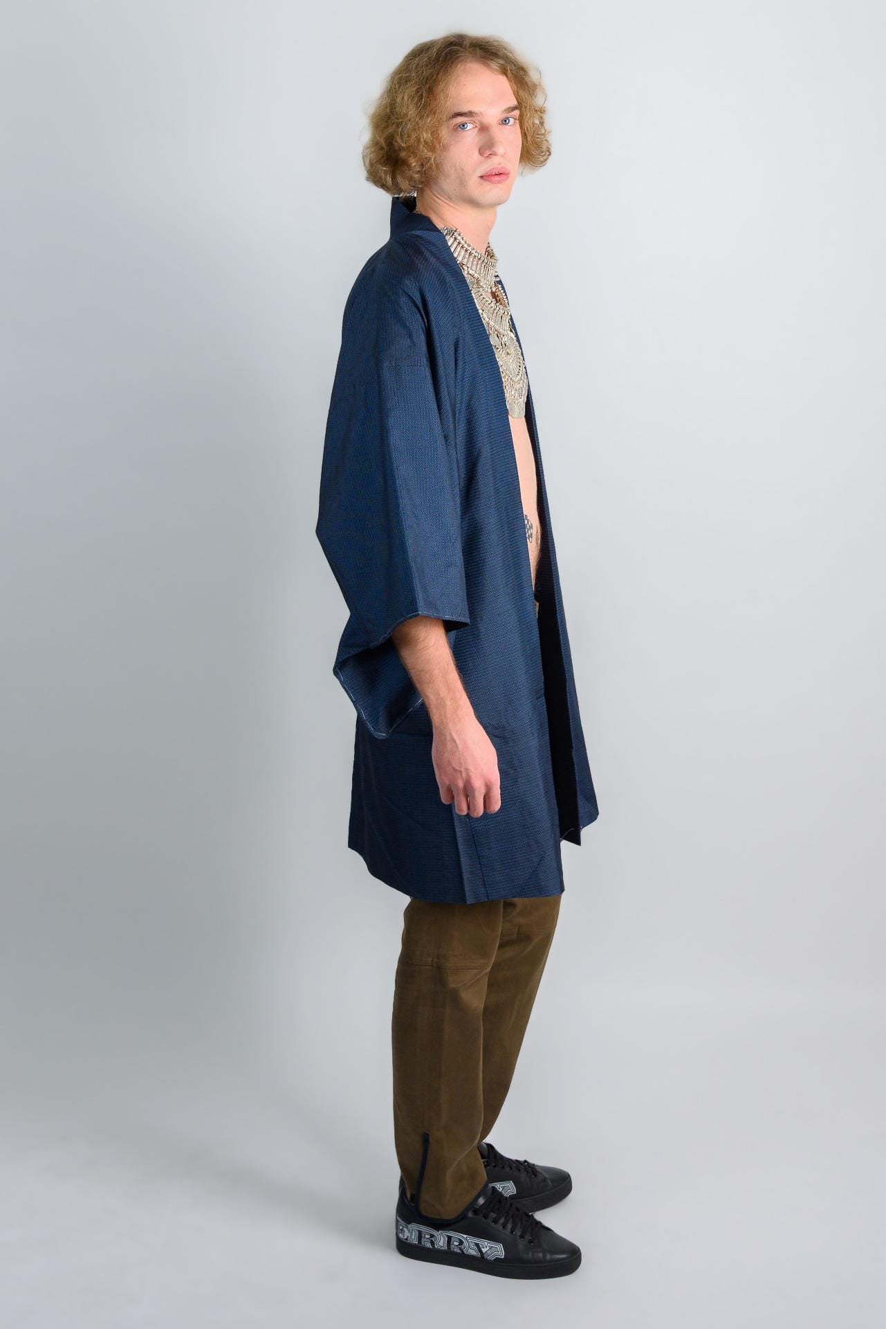 Handmade Japanese Indigo Haori Kimono - Textured Weave Mens Jacket