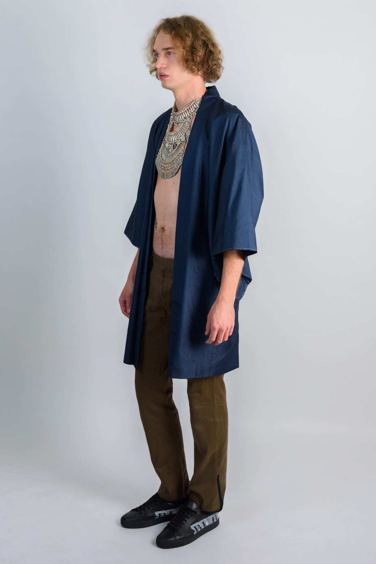 Handmade Japanese Indigo Haori Kimono - Textured Weave Mens Jacket