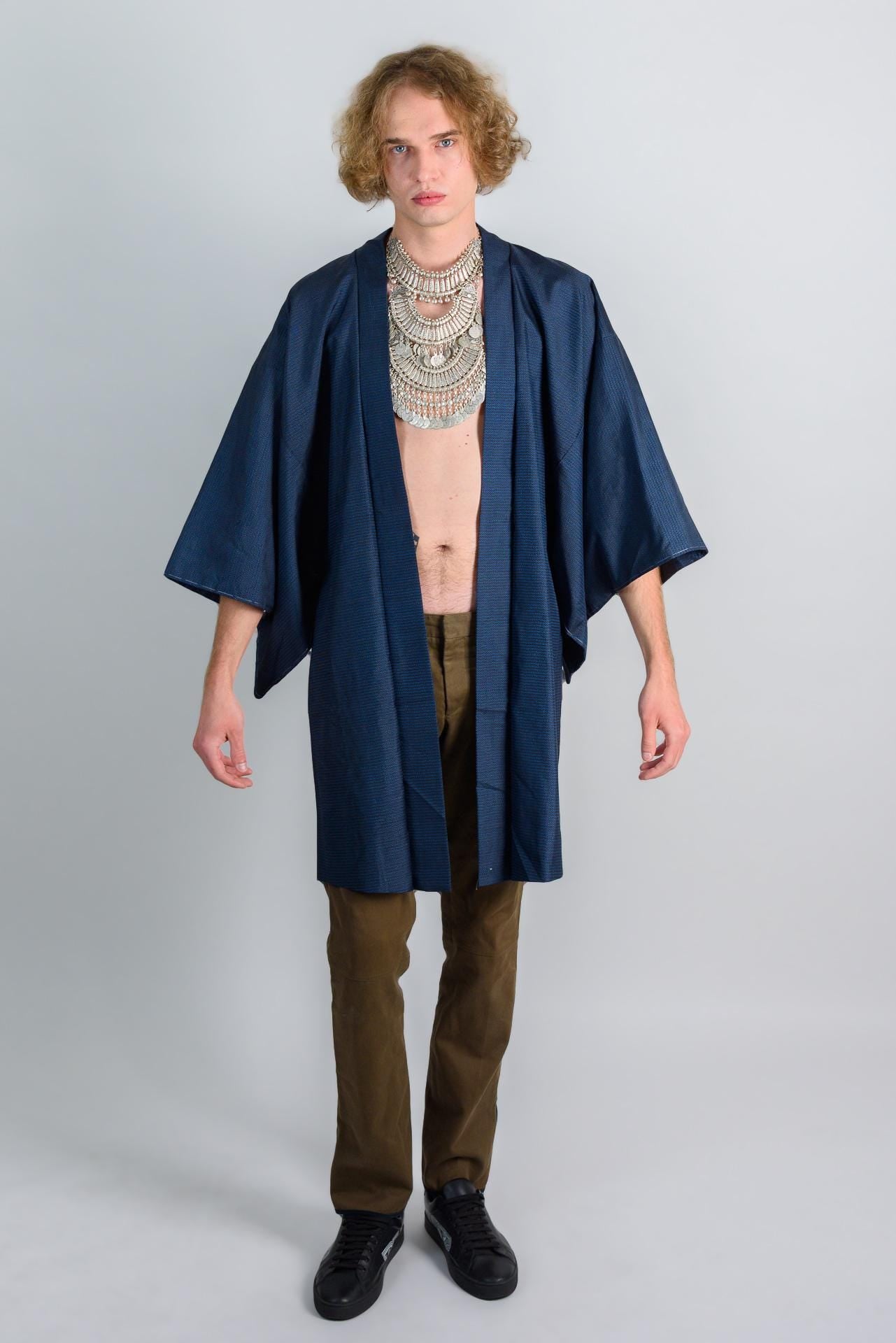Handmade Japanese Indigo Haori Kimono - Textured Weave Mens Jacket