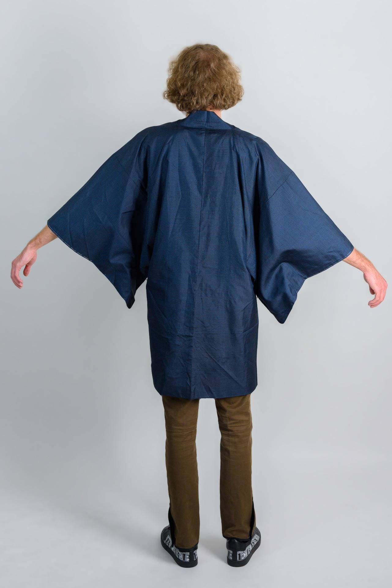 Handmade Japanese Indigo Haori Kimono - Textured Weave Mens Jacket