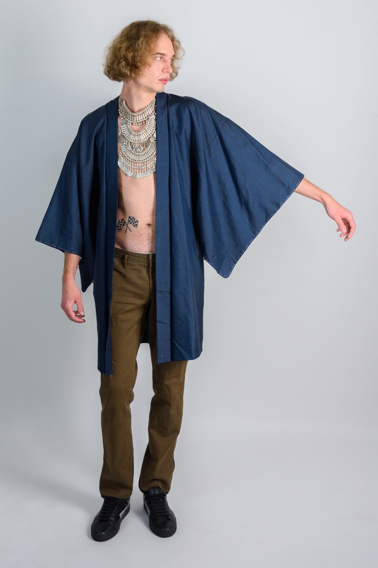 Handmade Japanese Indigo Haori Kimono - Textured Weave Mens Jacket
