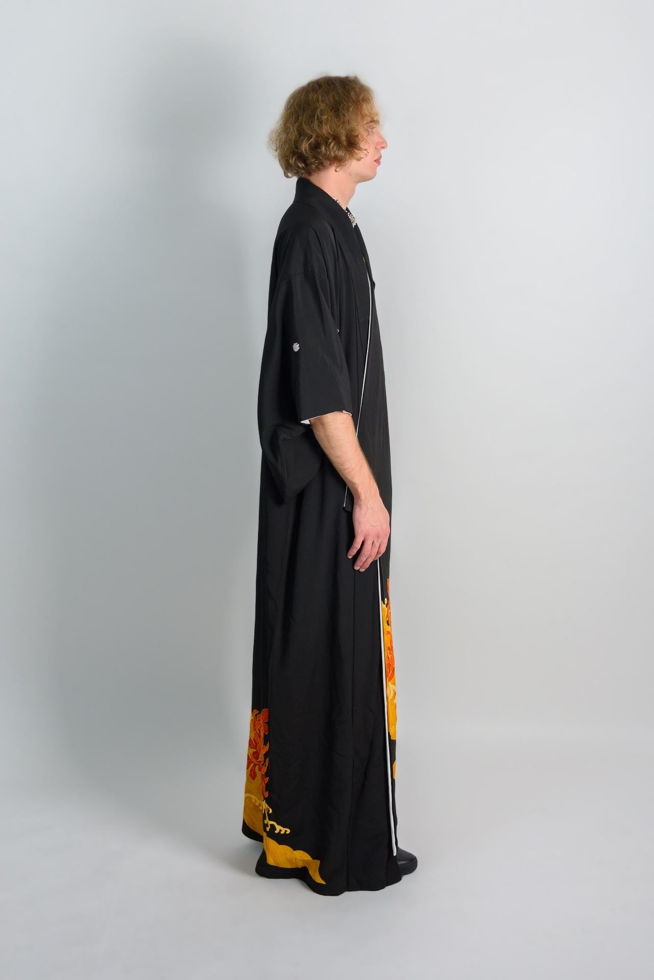 Handmade Japanese Montsuki Kimono | Fire Bloom Print Formal Robe