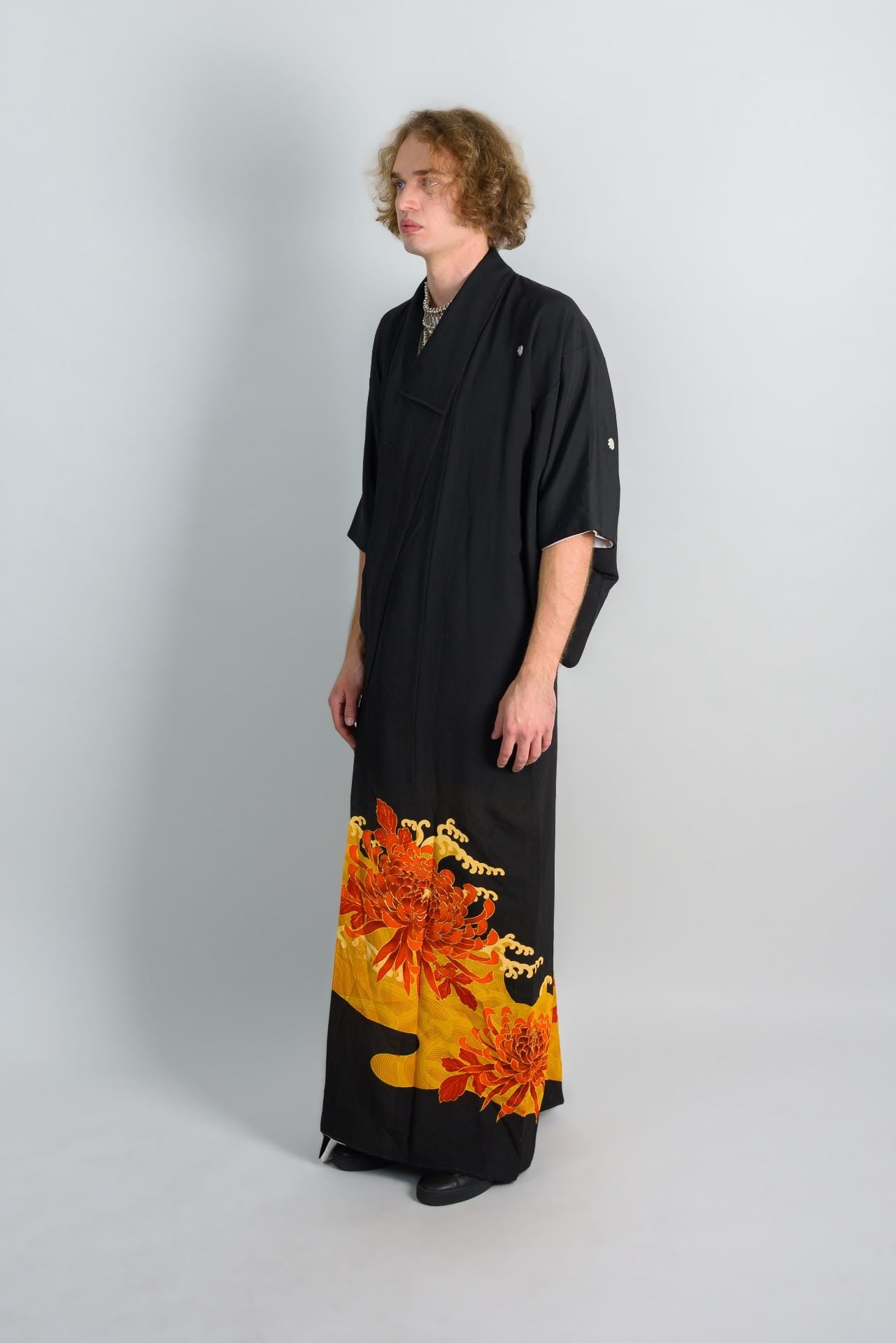 Handmade Japanese Montsuki Kimono | Fire Bloom Print Formal Robe