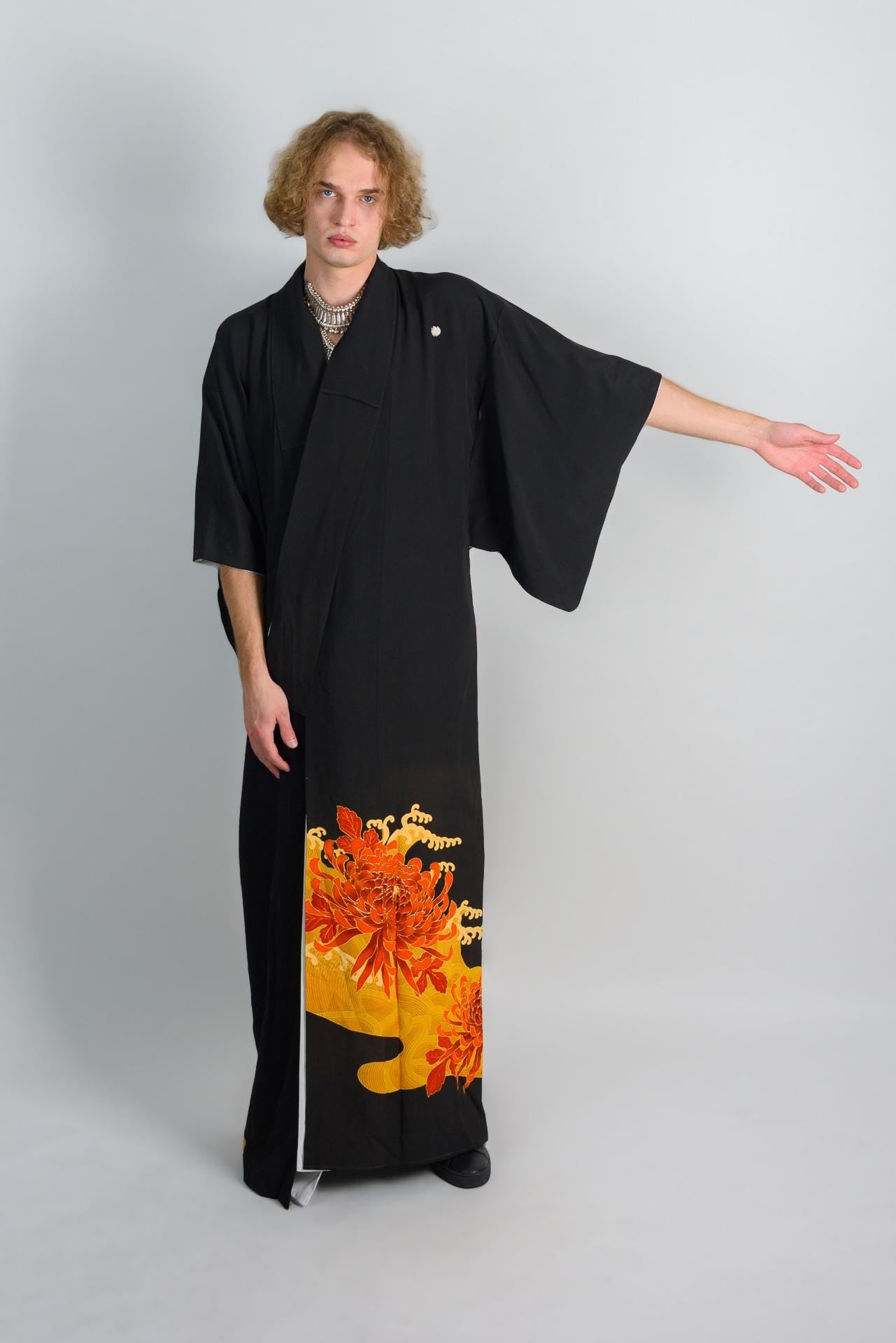Handmade Japanese Montsuki Kimono | Fire Bloom Print Formal Robe