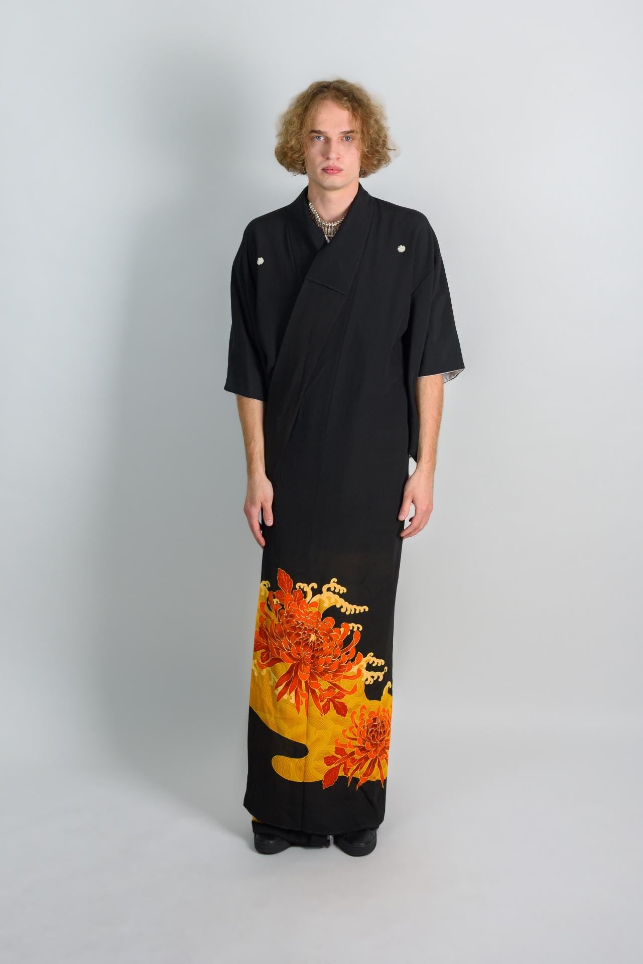 Handmade Japanese Montsuki Kimono | Fire Bloom Print Formal Robe