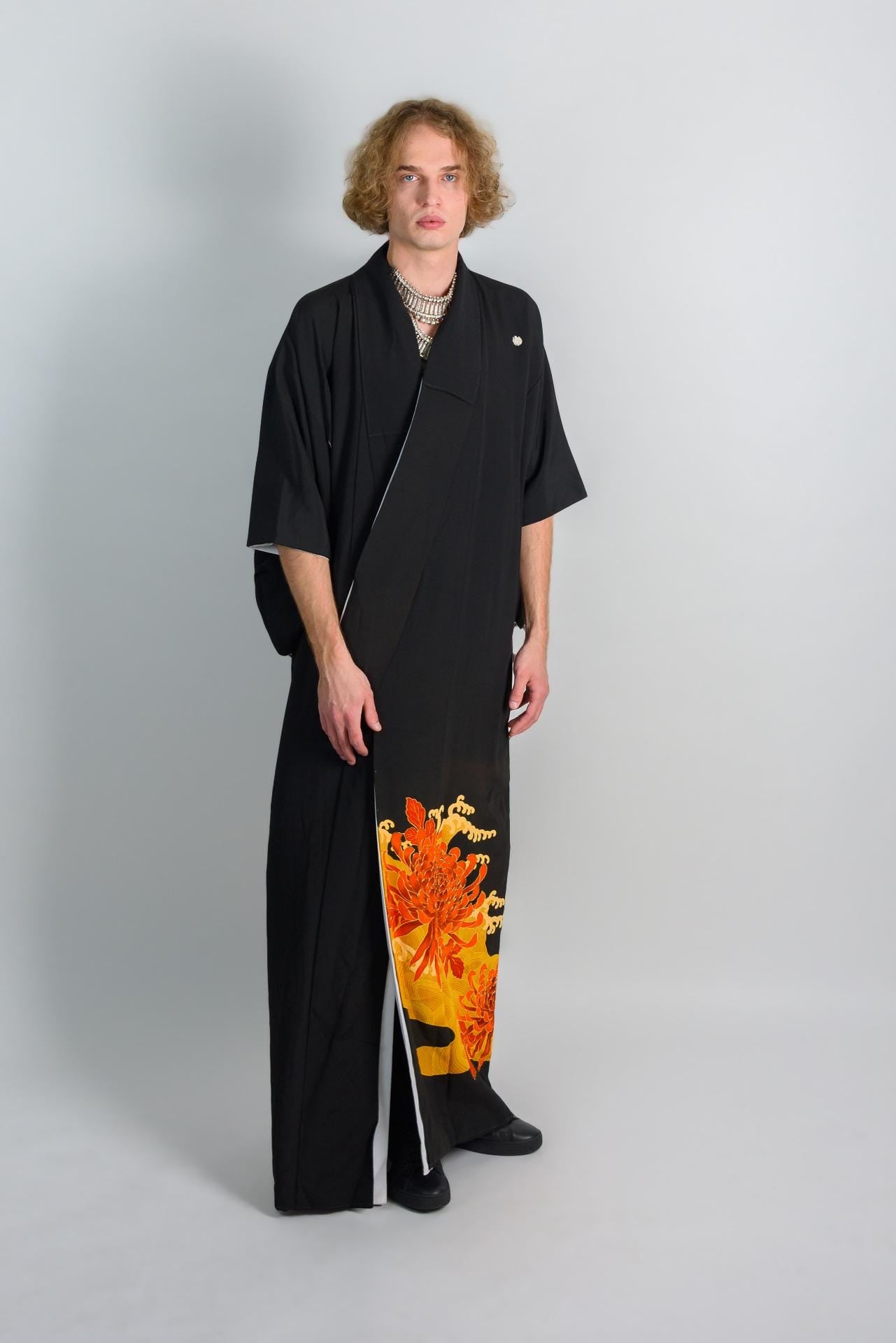 Handmade Japanese Montsuki Kimono | Fire Bloom Print Formal Robe
