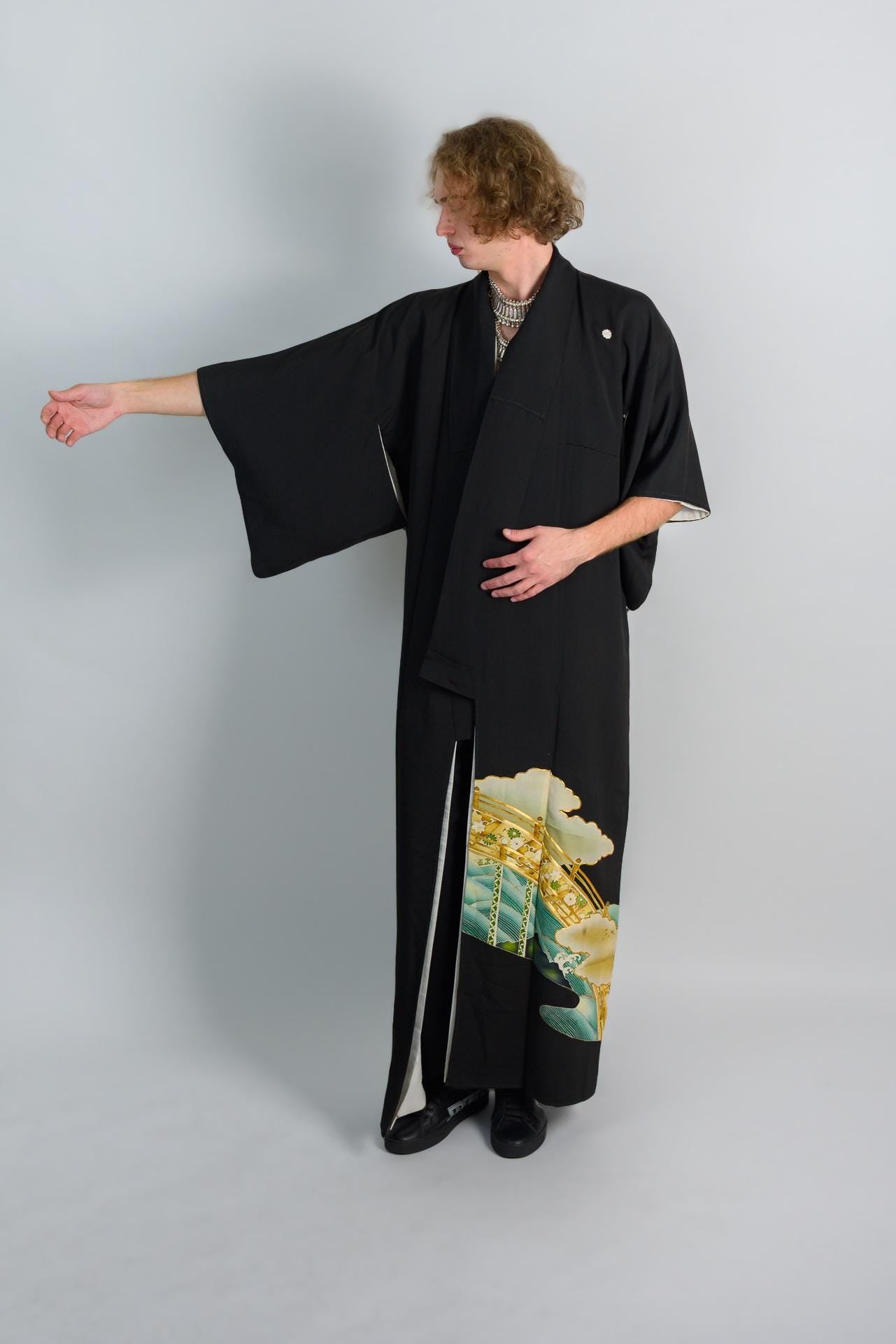 Handmade Japanese Kimono Robe: Celestial Bridge, Painted Landscape