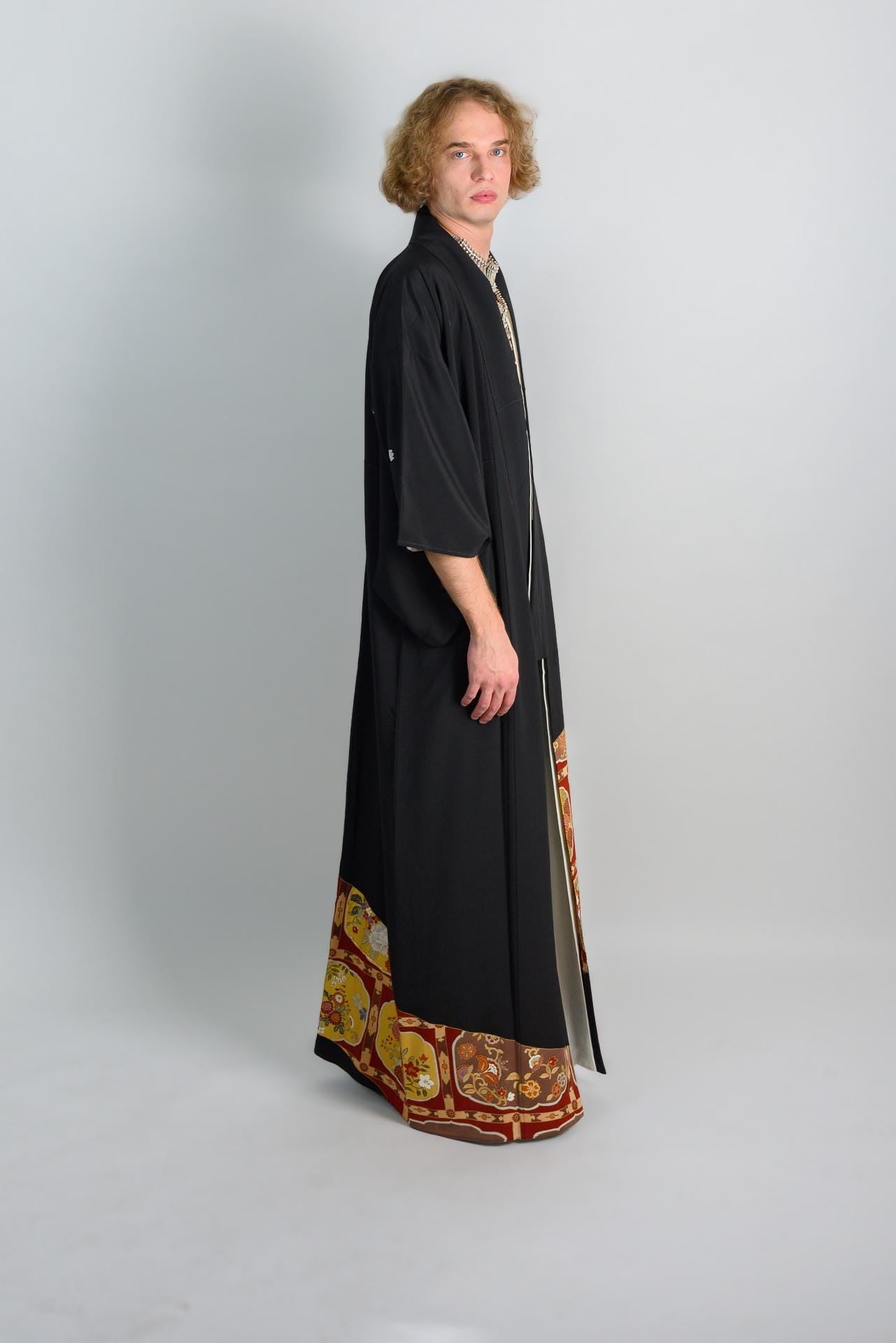 Mens Black Kimono Robe | Handmade Japanese Montsuki with Crests