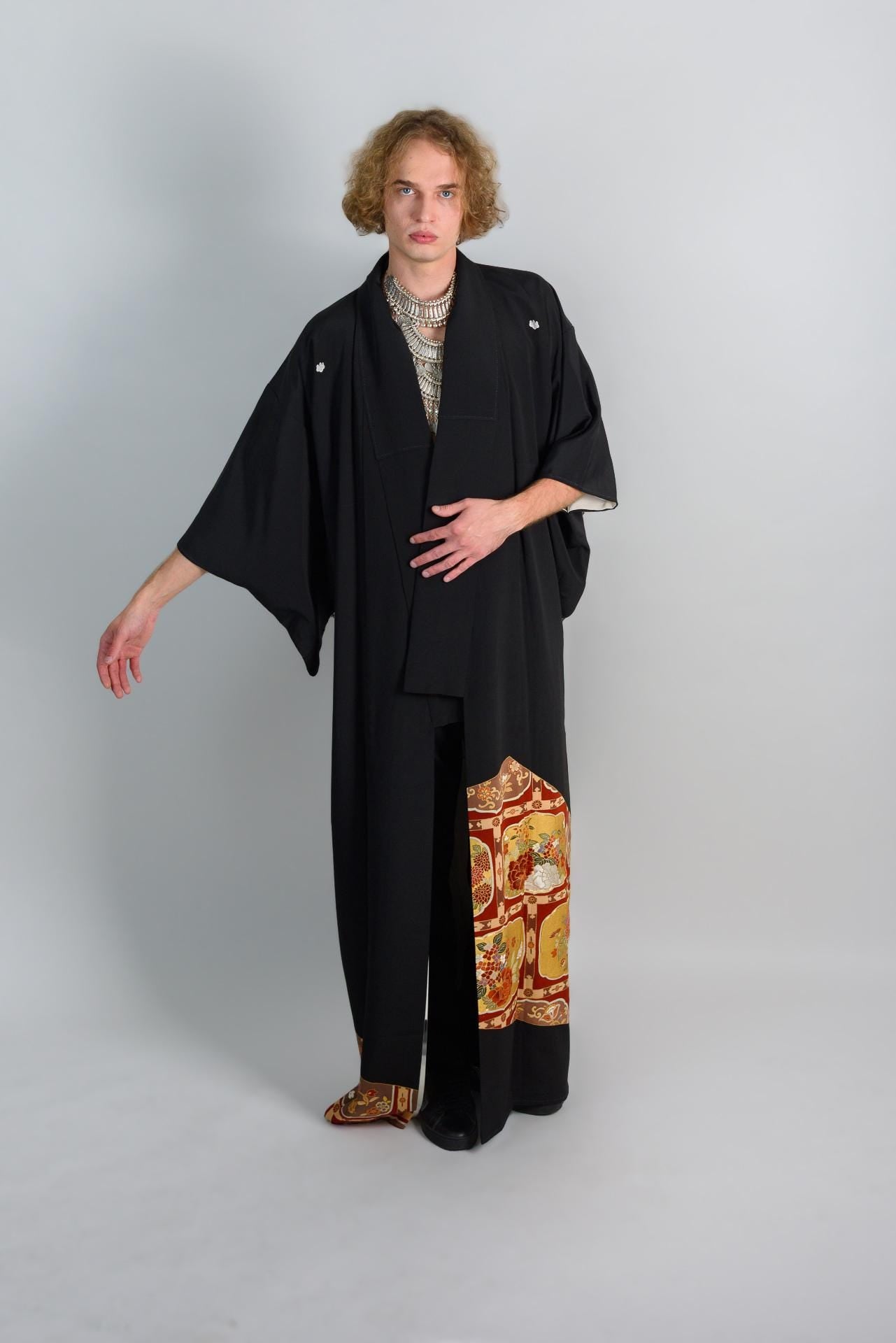 Mens Black Kimono Robe | Handmade Japanese Montsuki with Crests