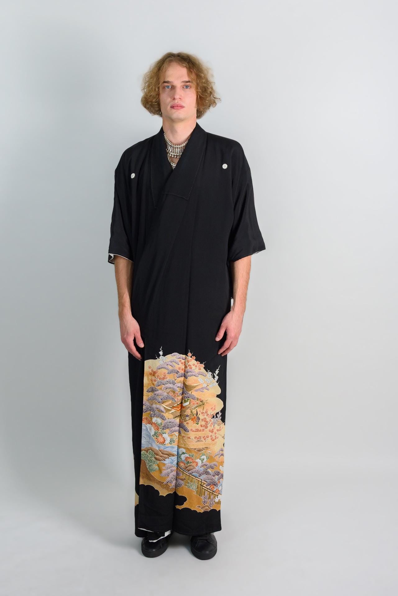 Handmade Japanese Kimono Robe: Painted Temple Landscape