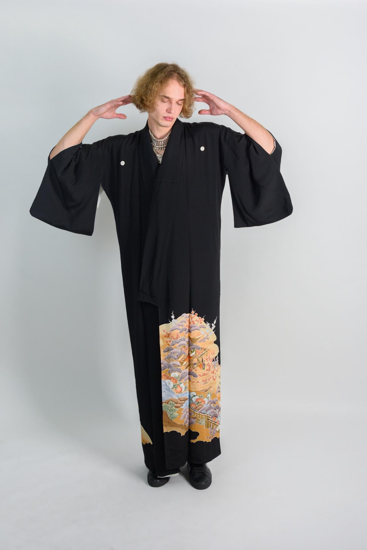 Handmade Japanese Kimono Robe: Painted Temple Landscape