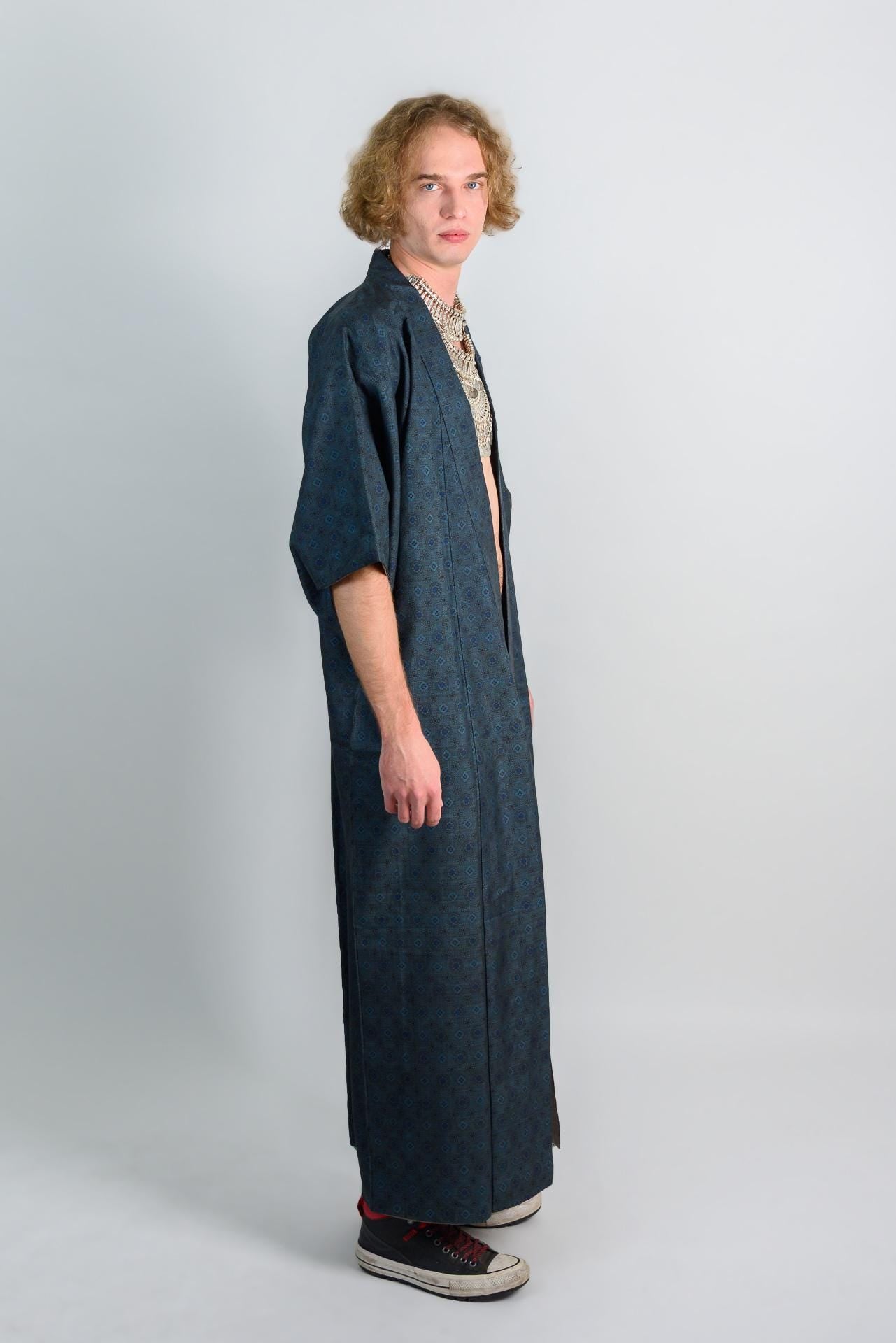 Indigo Blue Mens Kimono | Geometric Woven Boho Robe, Handmade in Japan