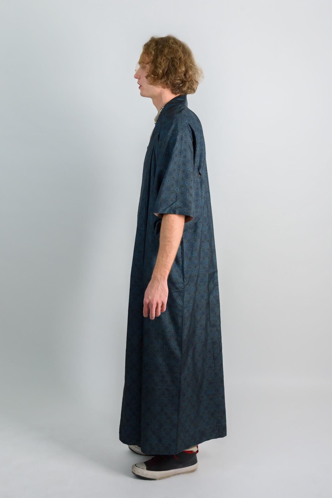 Indigo Blue Mens Kimono | Geometric Woven Boho Robe, Handmade in Japan