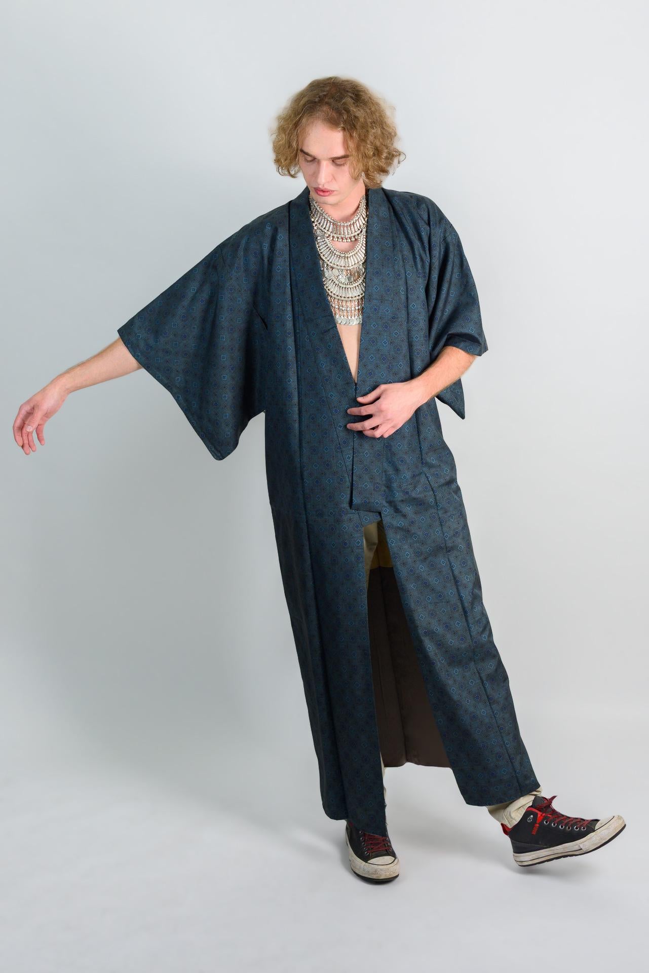 Indigo Blue Mens Kimono | Geometric Woven Boho Robe, Handmade in Japan