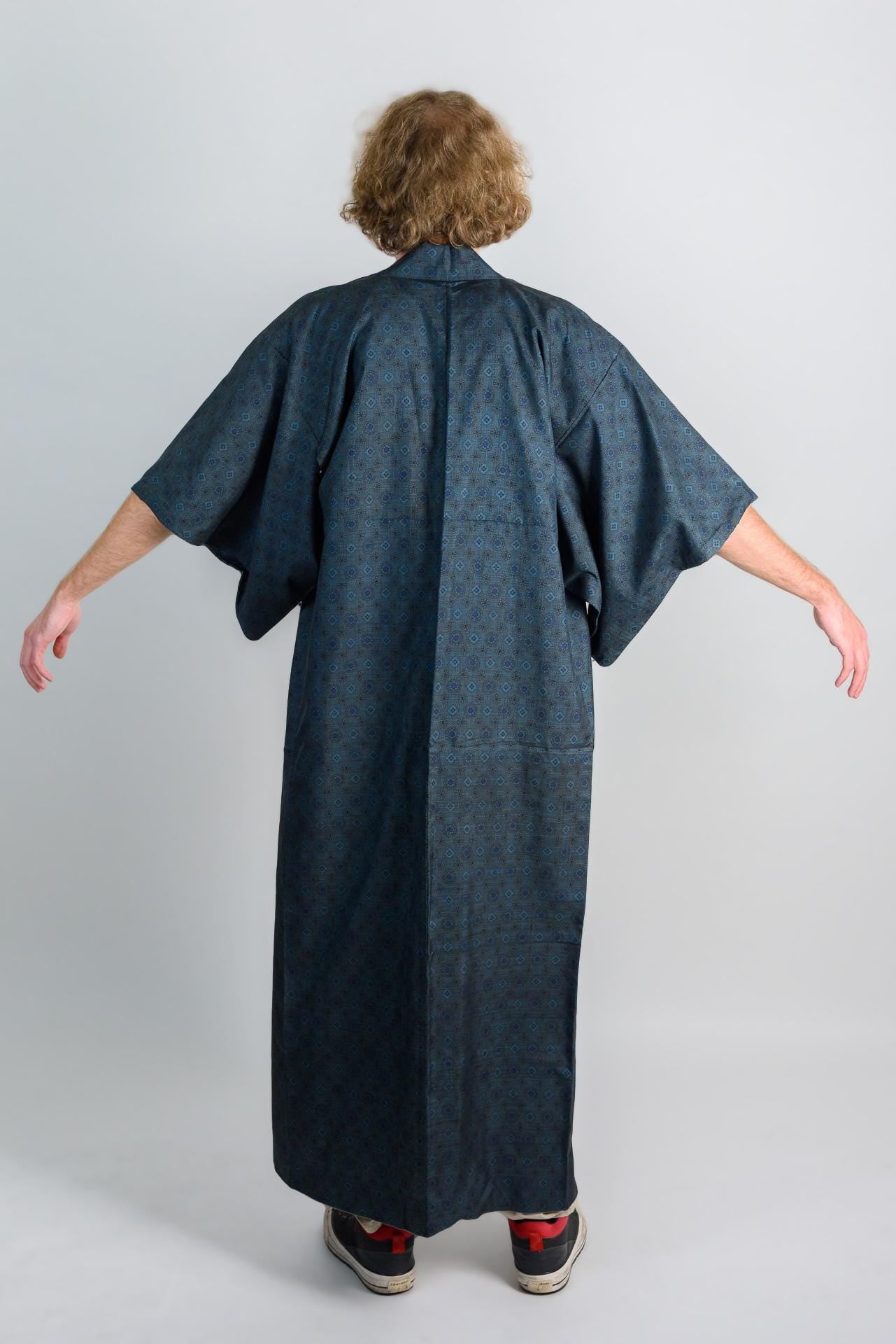 Indigo Blue Mens Kimono | Geometric Woven Boho Robe, Handmade in Japan