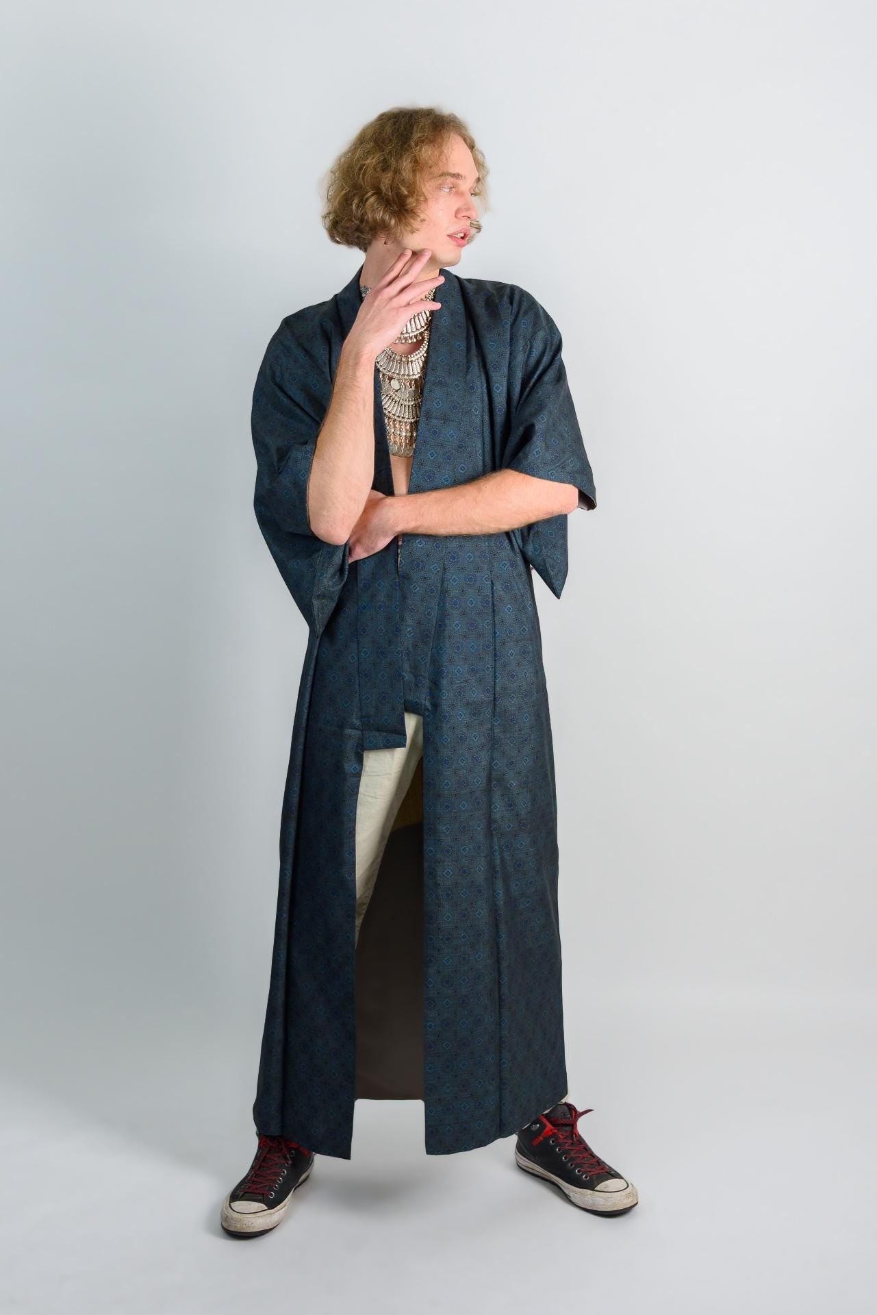 Indigo Blue Mens Kimono | Geometric Woven Boho Robe, Handmade in Japan