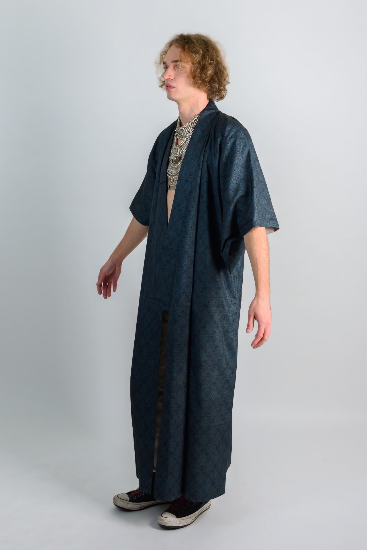 Indigo Blue Mens Kimono | Geometric Woven Boho Robe, Handmade in Japan