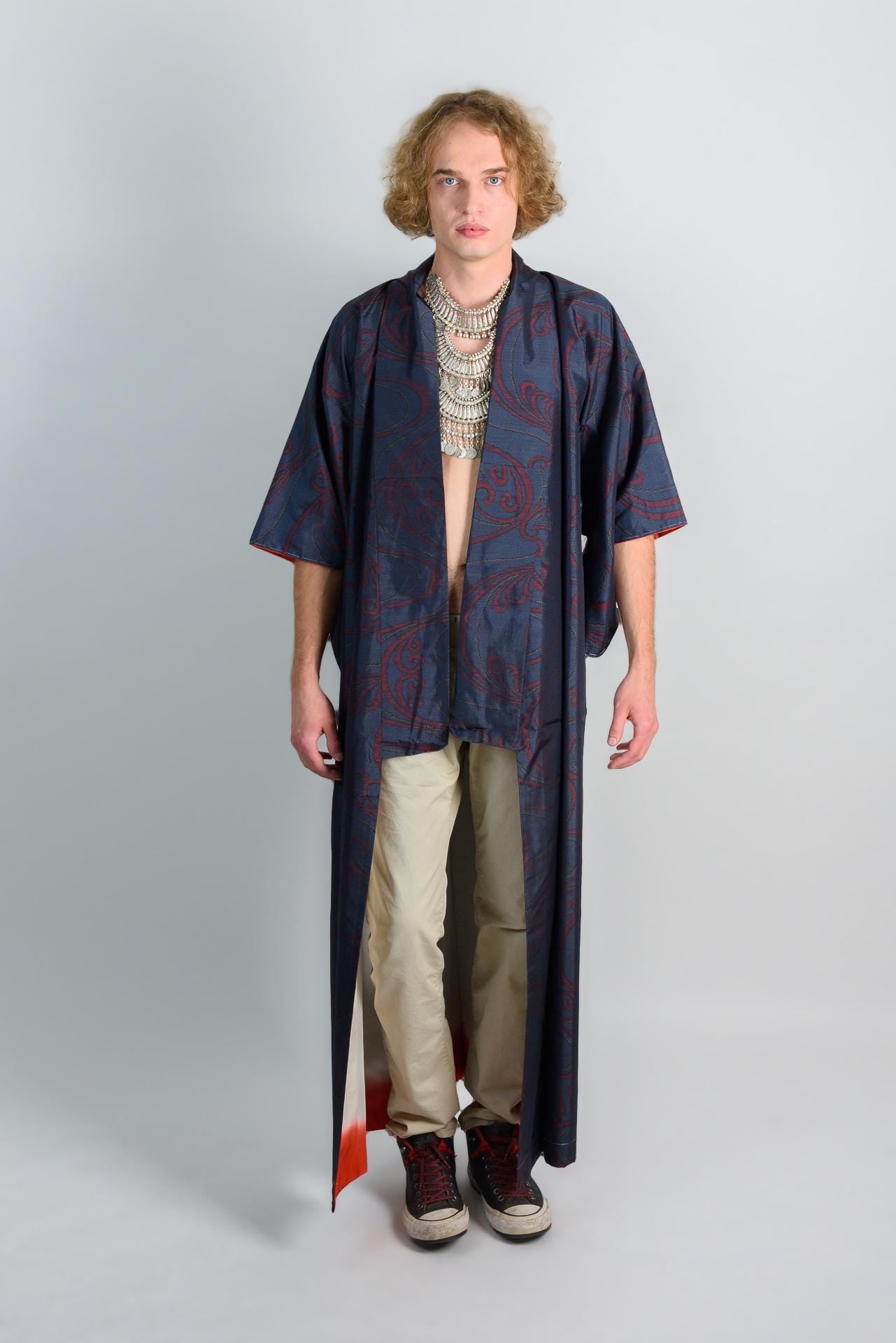 Handmade Japanese Kimono Robe: Navy Red Wave Print, Boho Festival Wear
