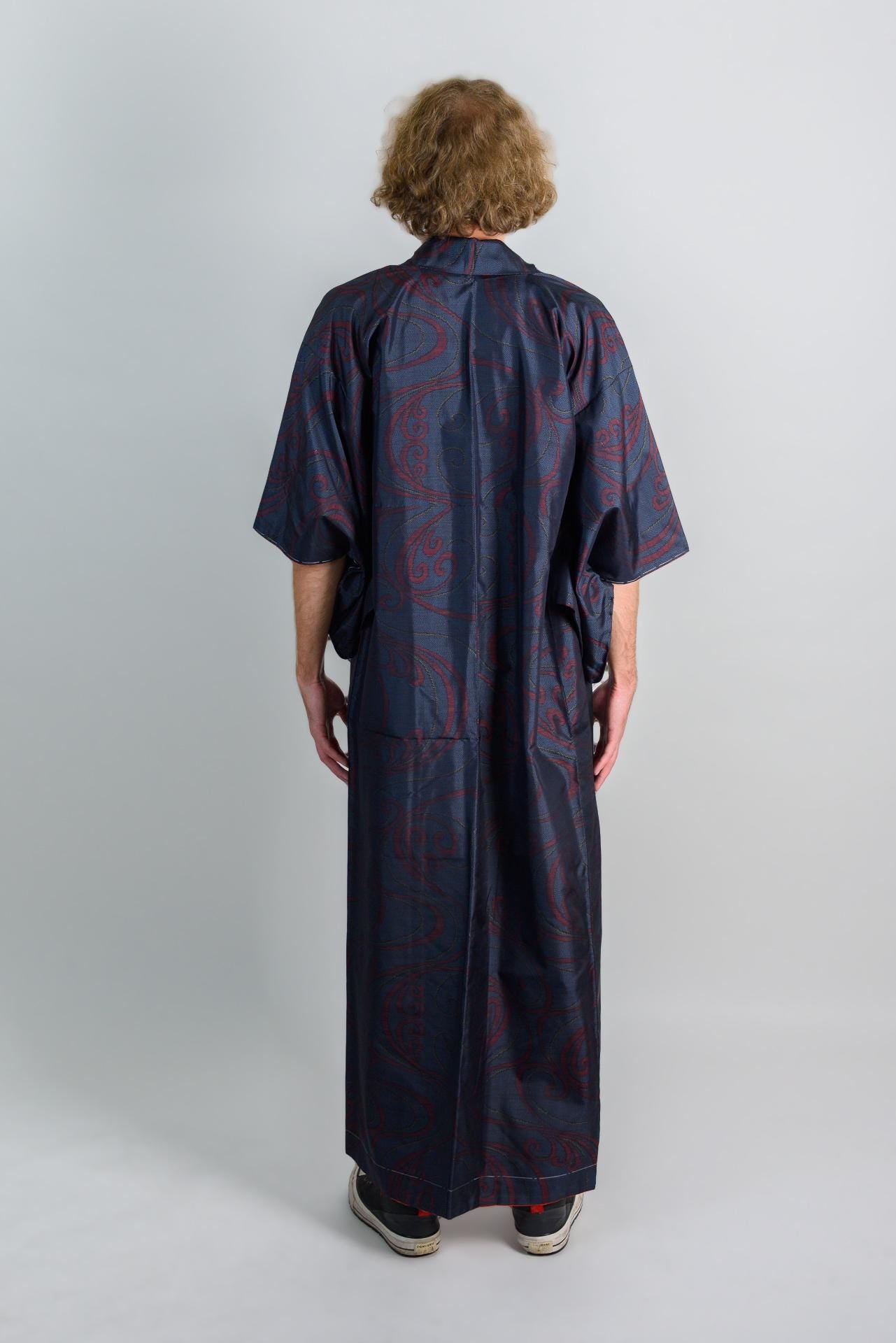 Handmade Japanese Kimono Robe: Navy Red Wave Print, Boho Festival Wear