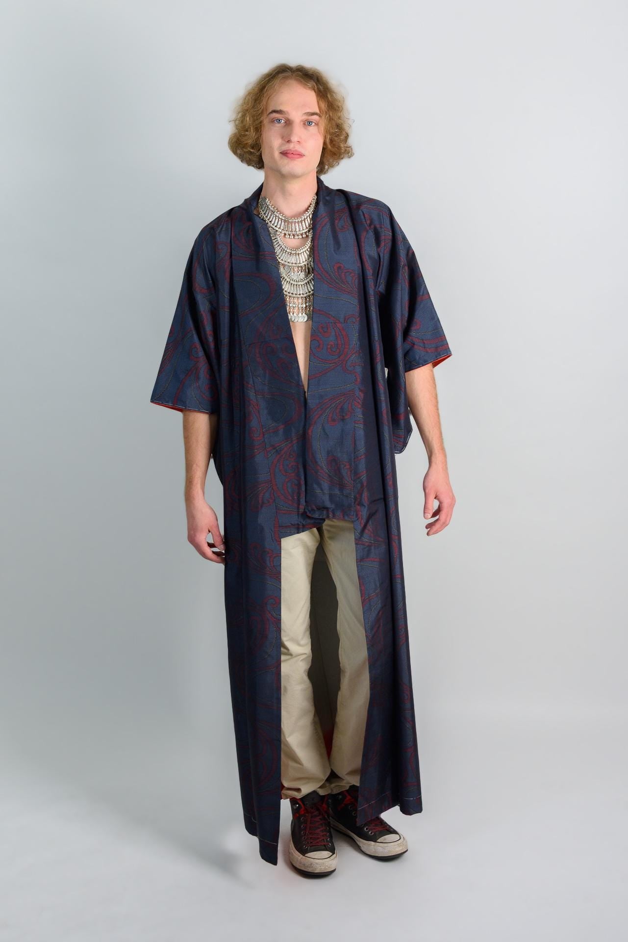 Handmade Japanese Kimono Robe: Navy Red Wave Print, Boho Festival Wear