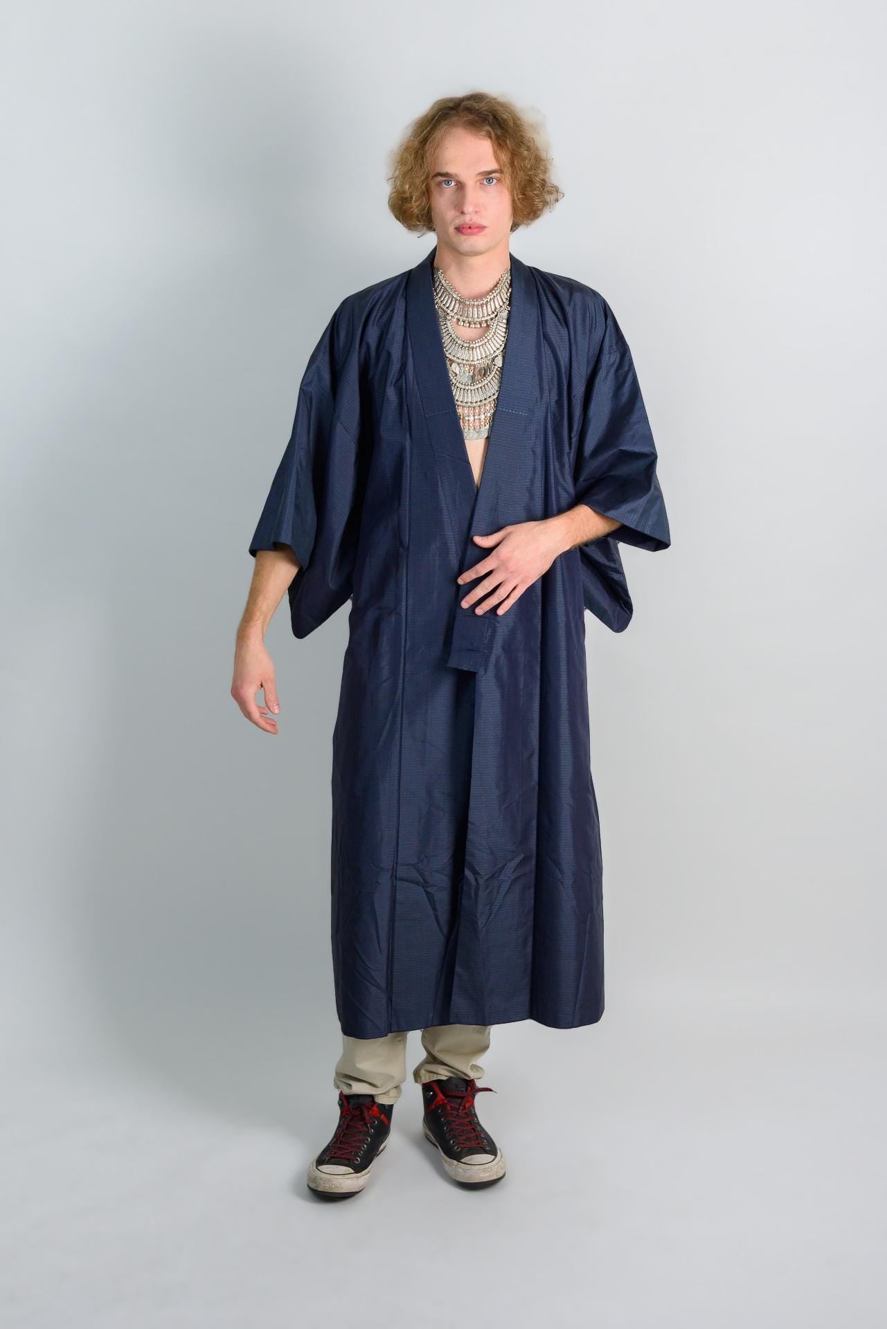 Handmade Japanese Kimono Robe: Navy Microcheck Boho Darkwear