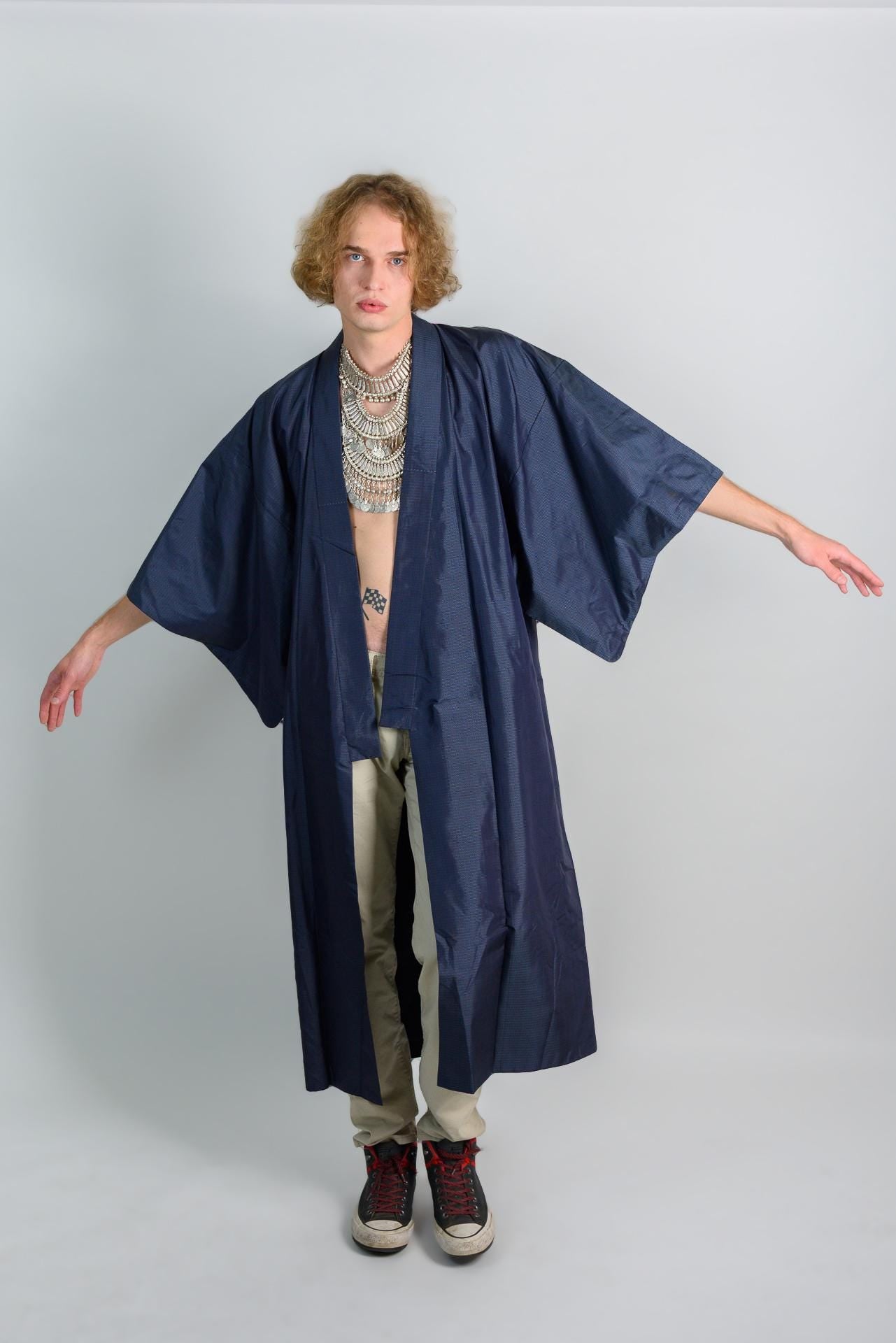 Handmade Japanese Kimono Robe: Navy Microcheck Boho Darkwear